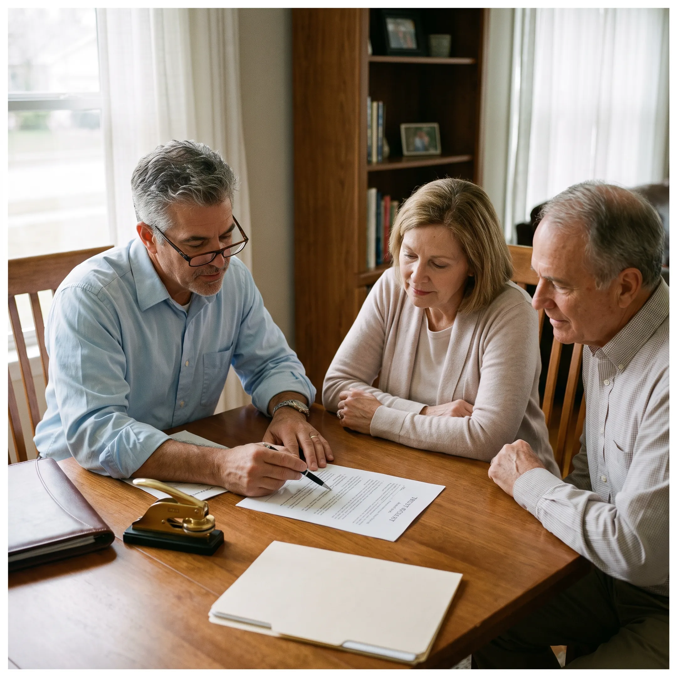Mobile notary assisting a client with estate documents at a home signing