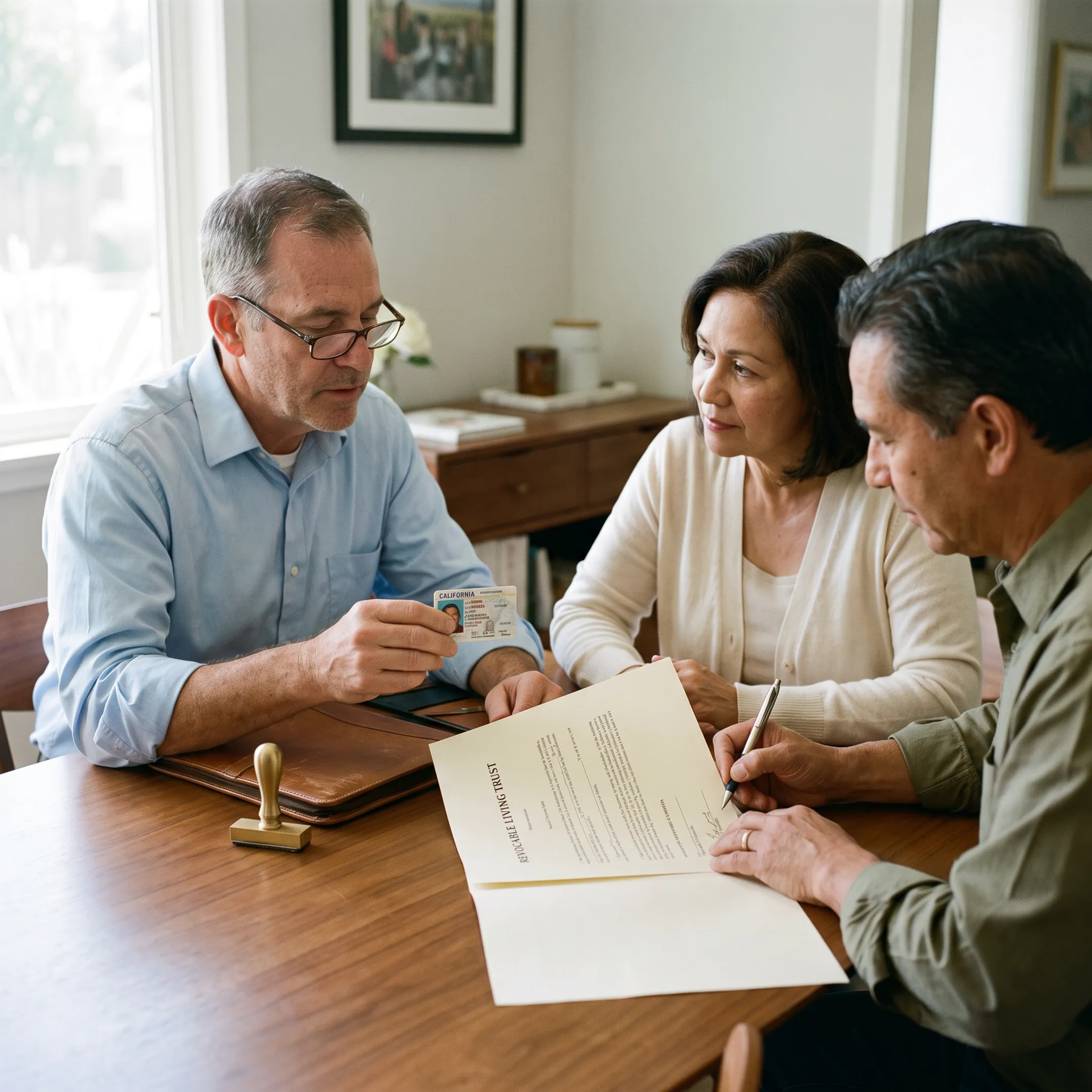 Notary verifying identity while clients sign trust documents