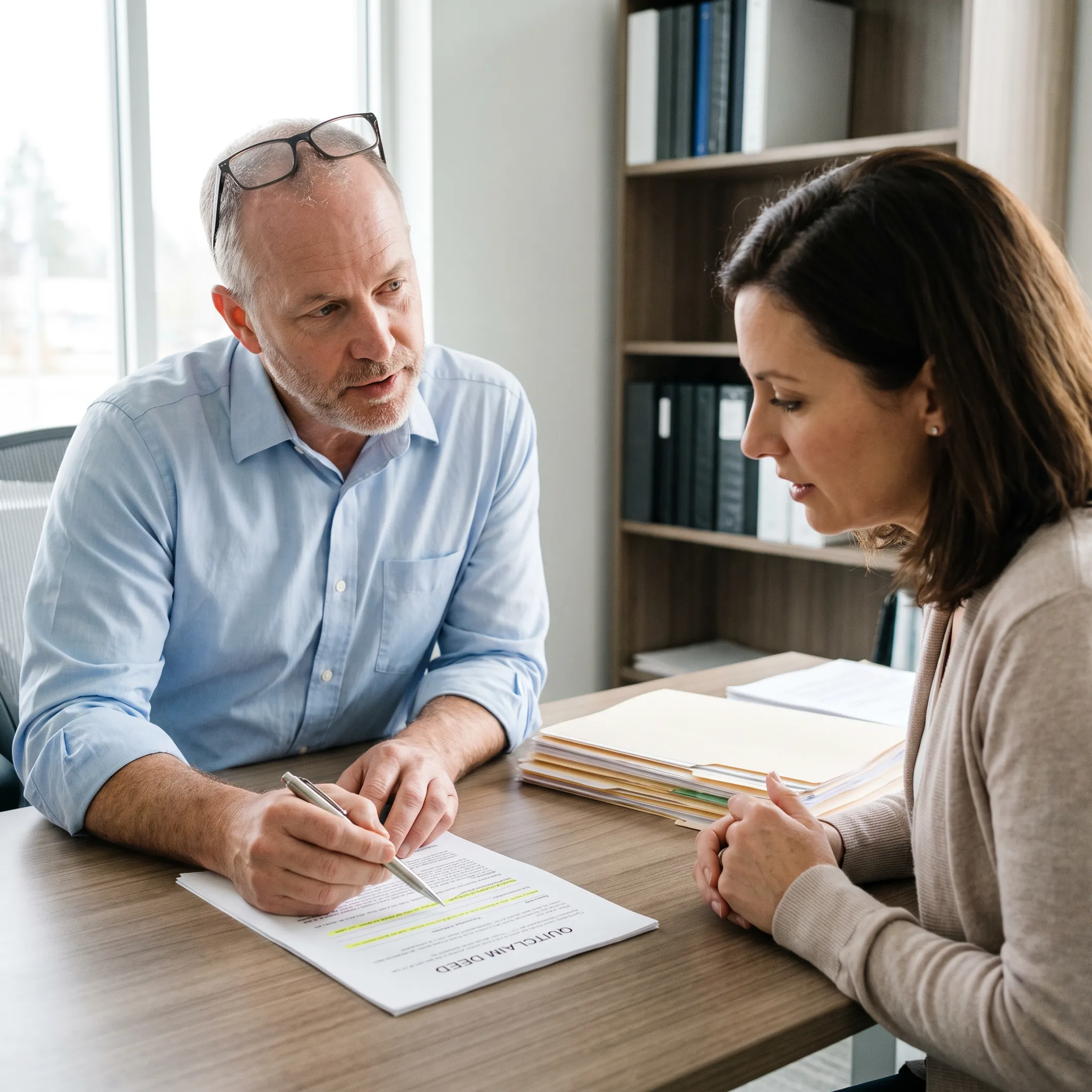 Homeowner reviewing a quitclaim deed with a document preparation professional