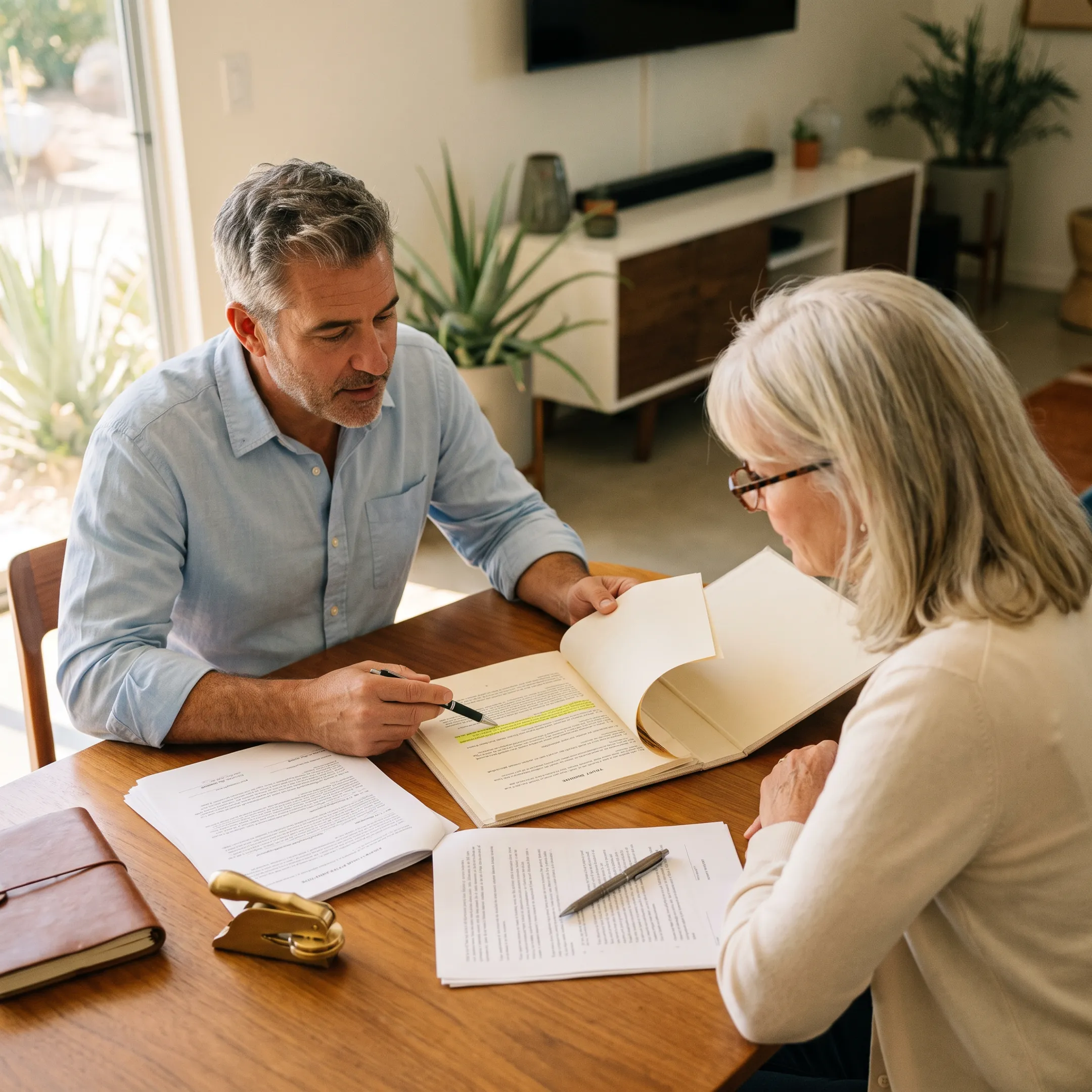 Mobile notary reviewing estate planning documents with a client