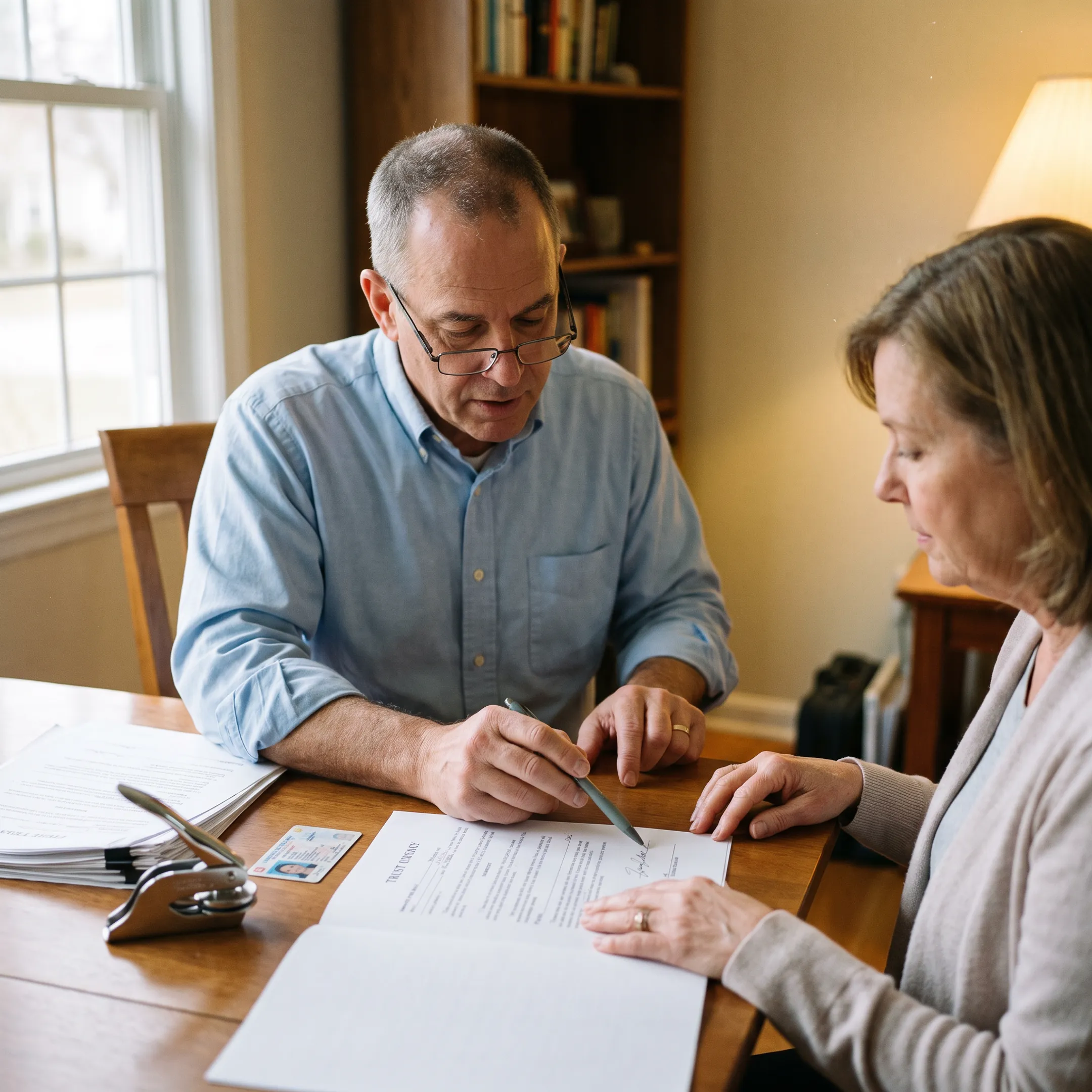 Mobile notary assisting a client with document signing
