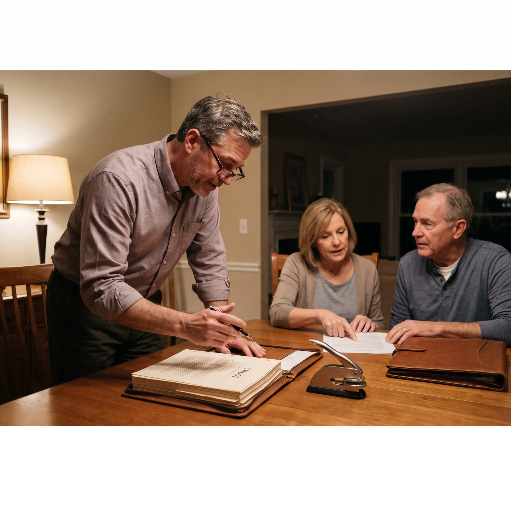 Mobile notary reviewing estate documents with a client at a home table