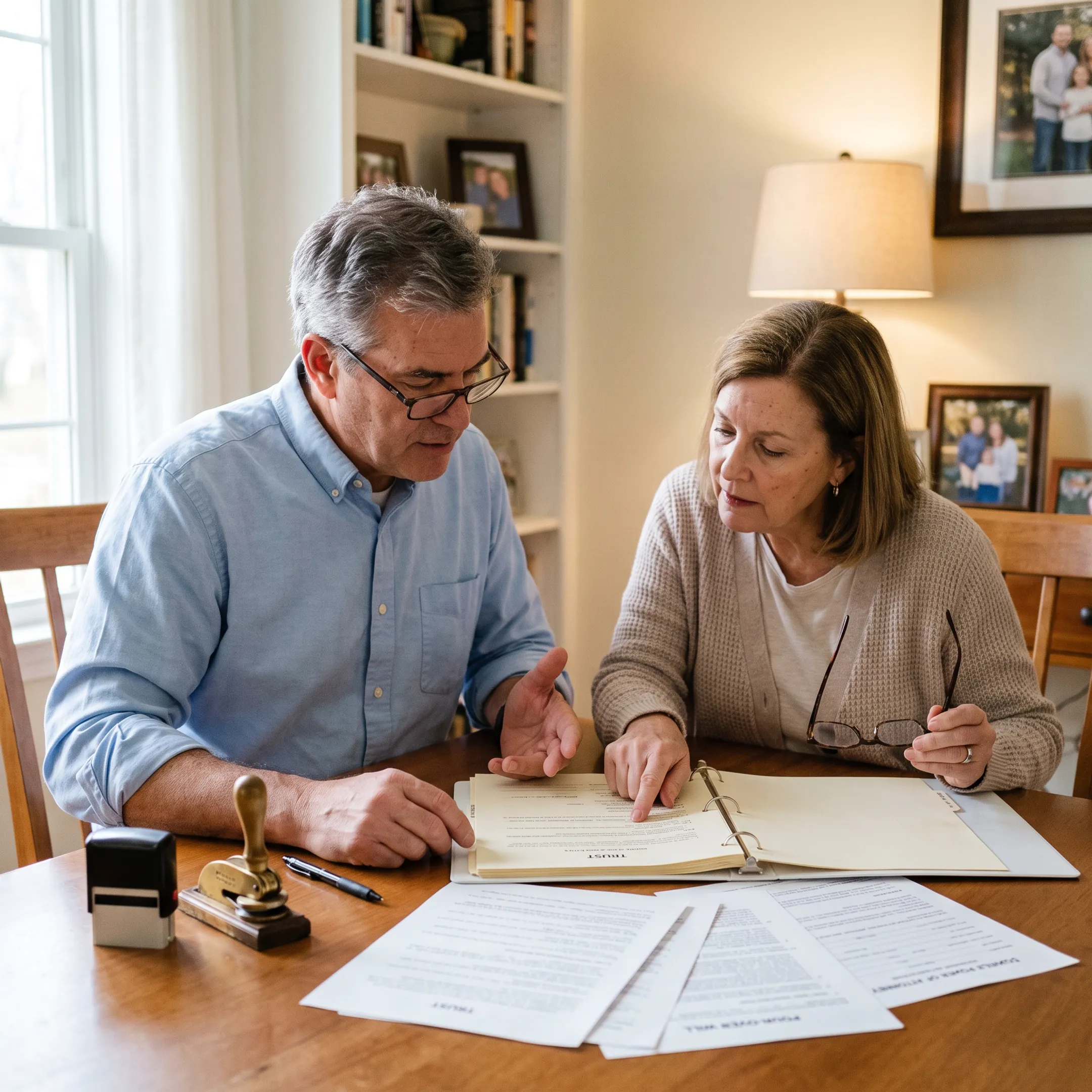 Notary assisting a client with trust documents at a mobile appointment