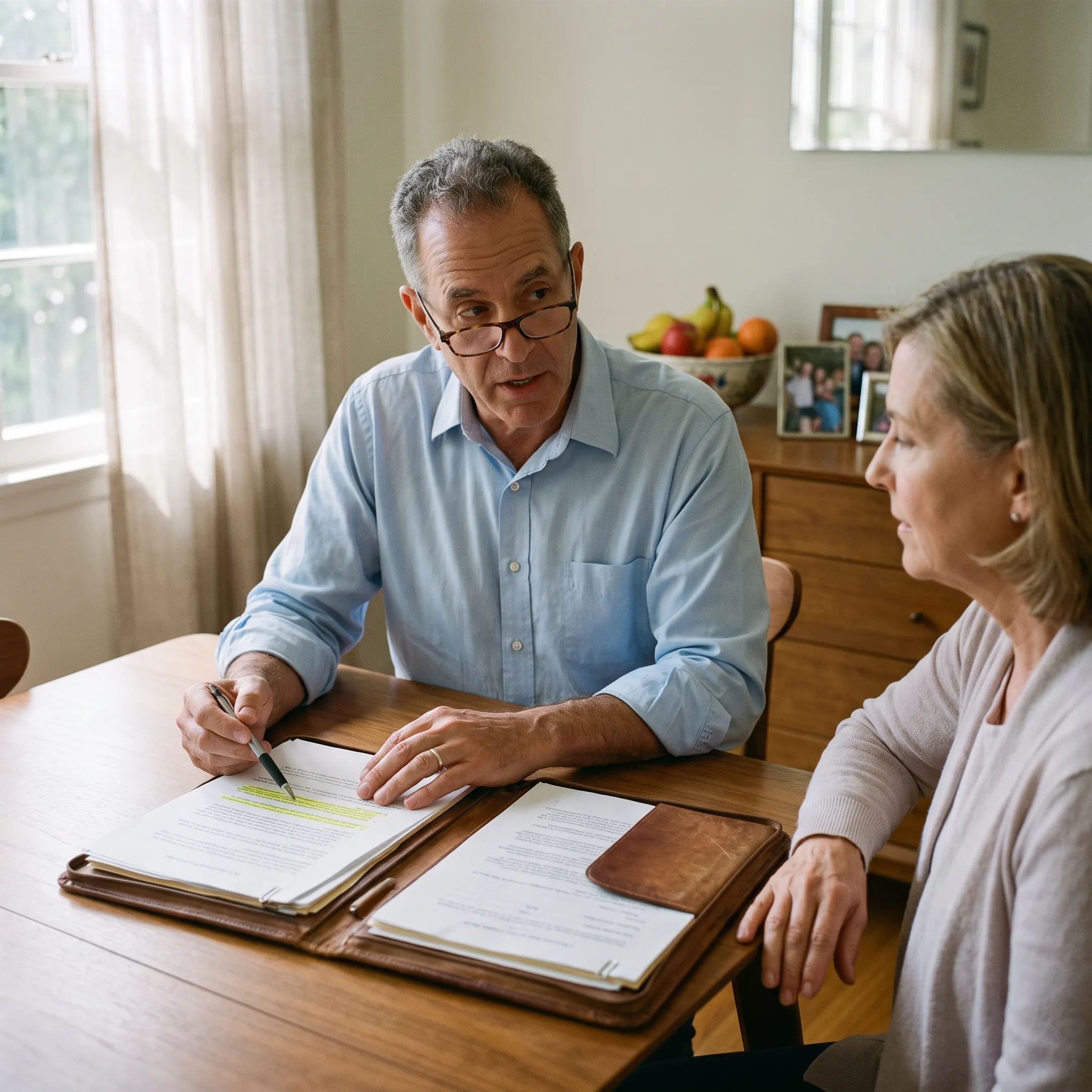 Mobile notary reviewing estate planning documents with a client at home