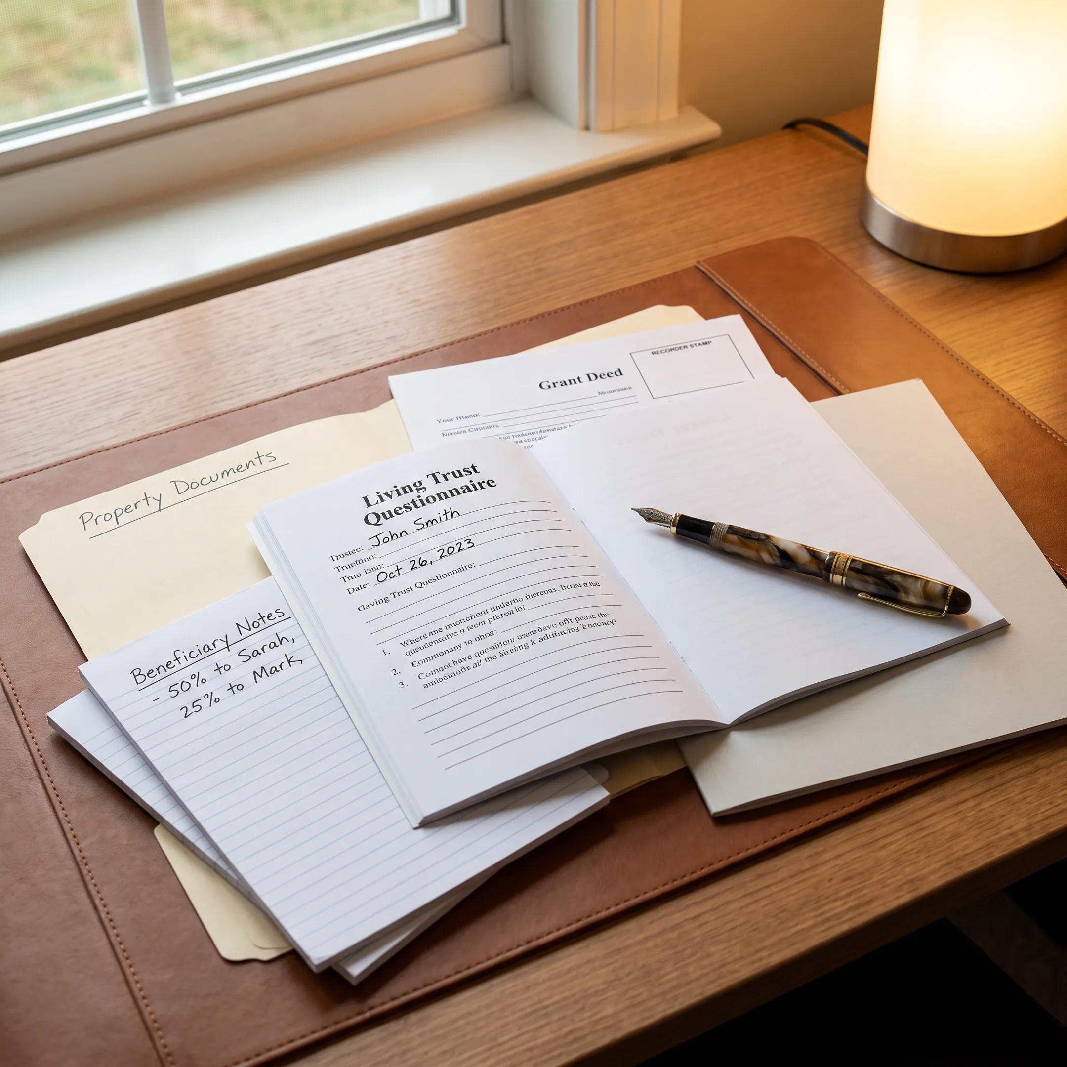 HomeTrust living trust questionnaire form beside estate planning documents