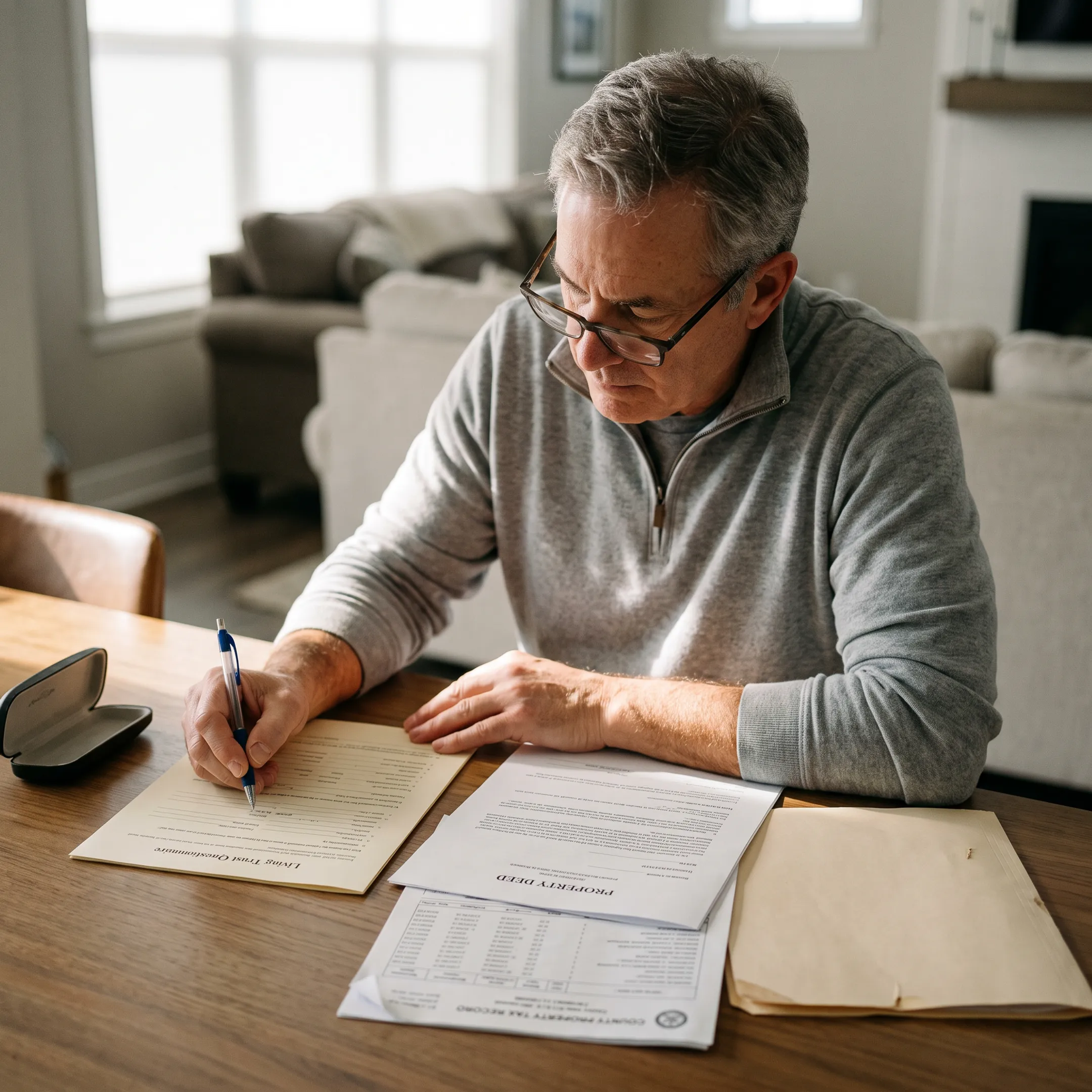 Person completing a living trust questionnaire with property records
