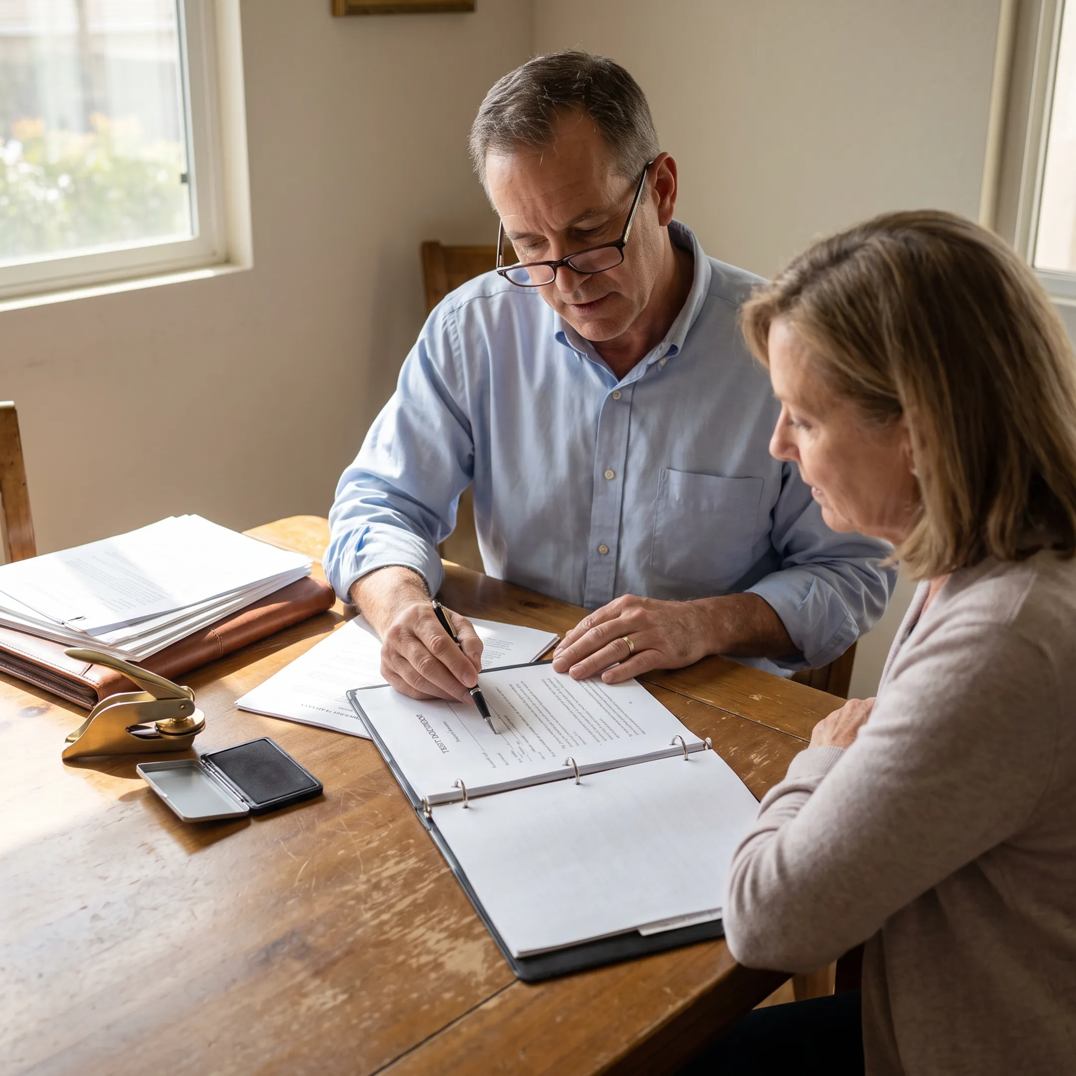 Mobile notary reviewing estate documents with a client at a table