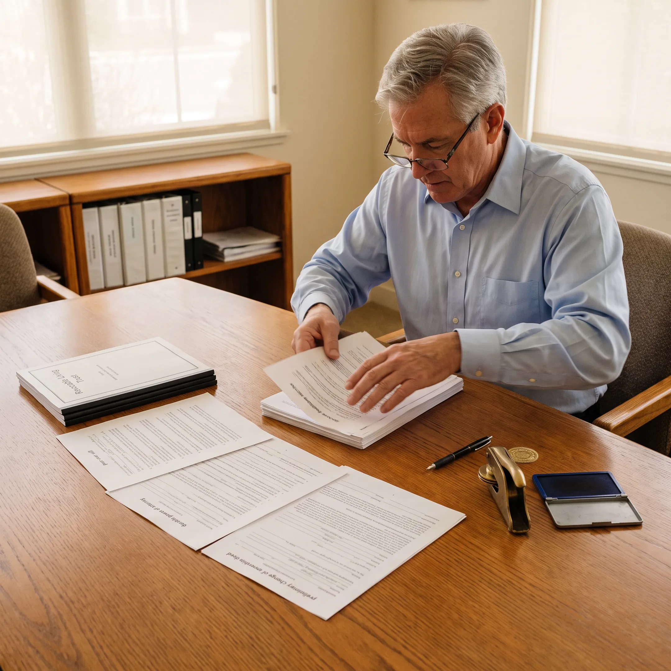 Notary preparing trust and deed documents for signing