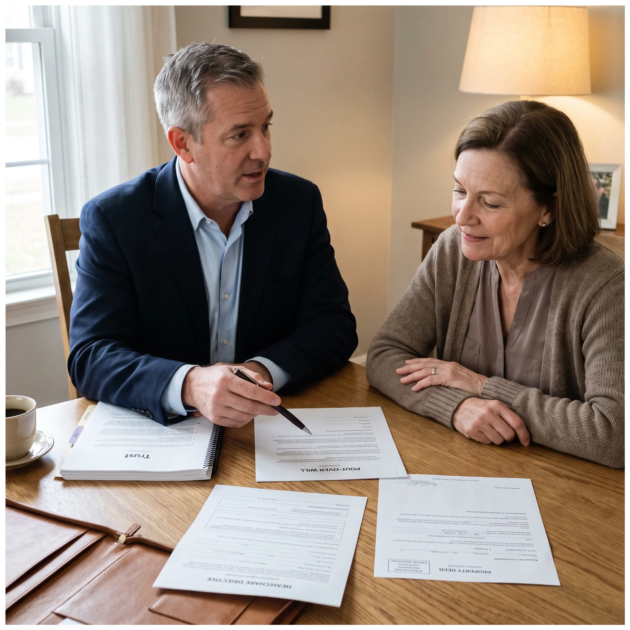 HomeTrust advisor discussing wills and trust documents with a California homeowner