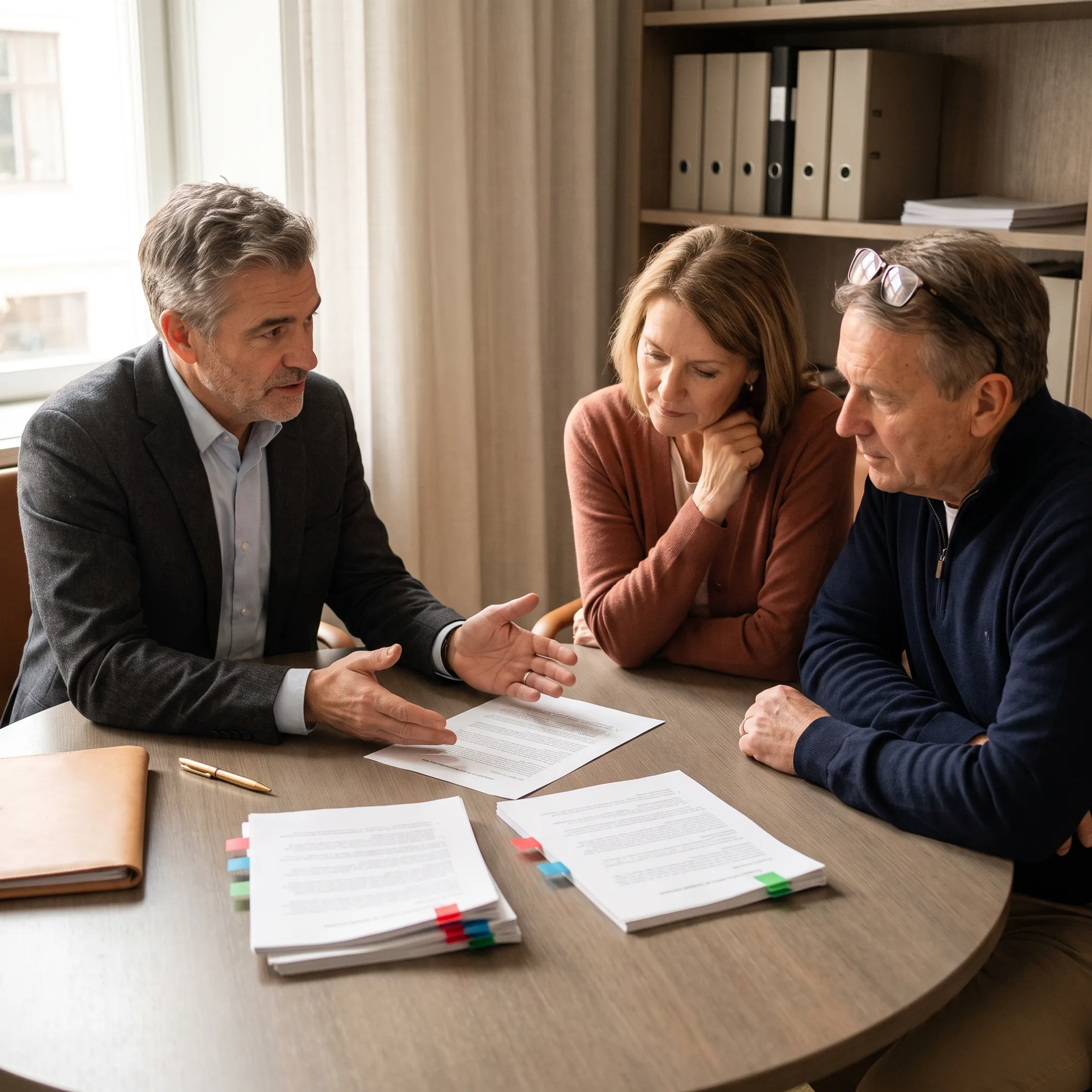 Advisor explaining a living trust and will document to a couple