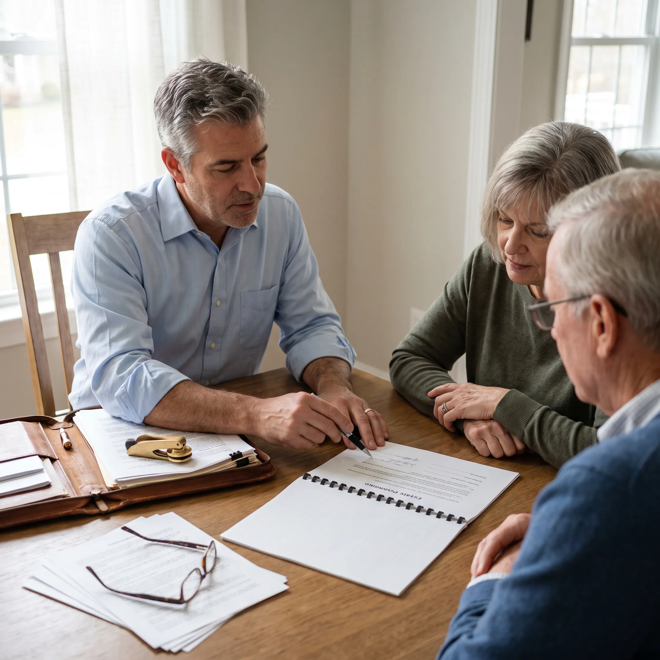 Mobile notary reviewing documents with a client at a home table