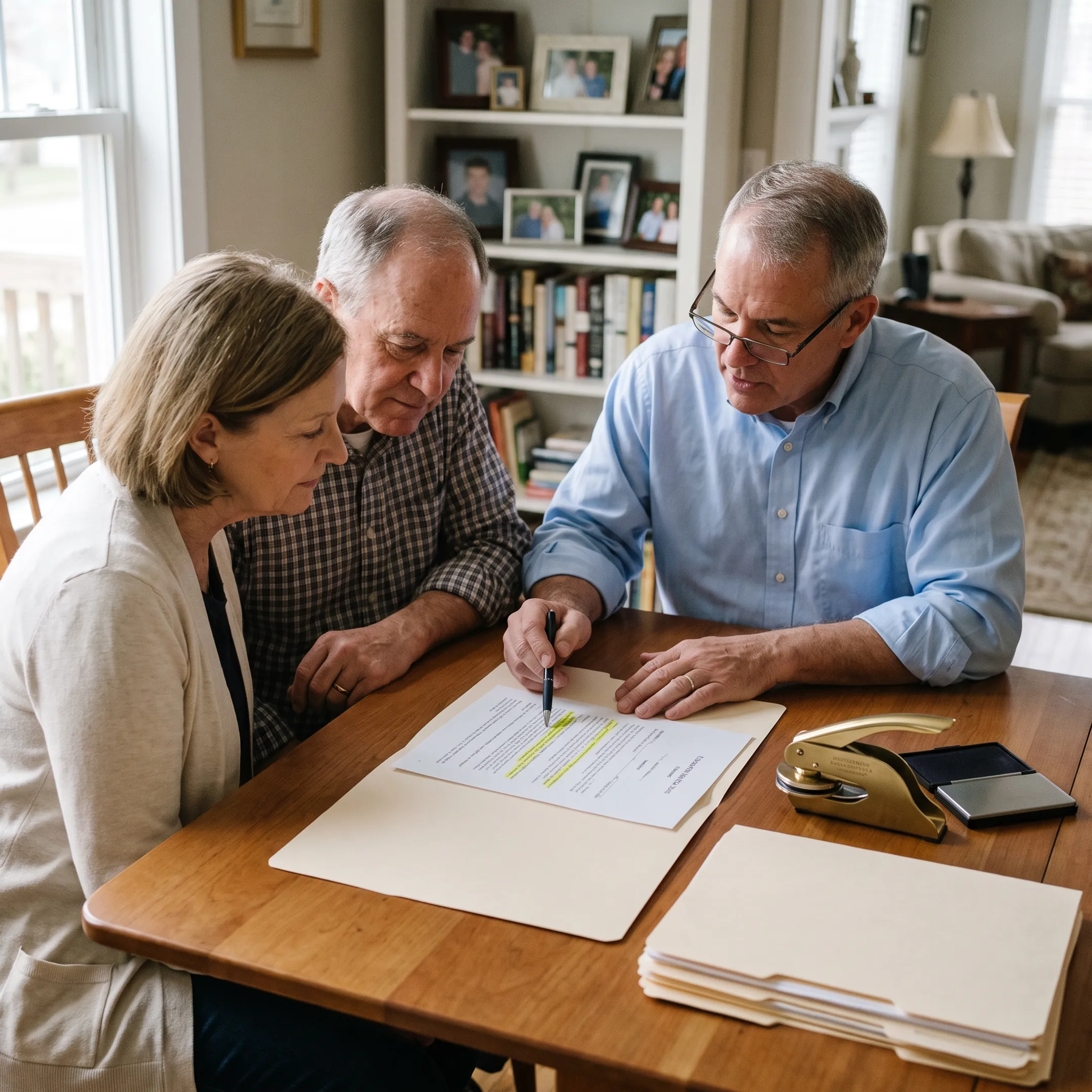 Notary reviewing trust and deed documents with clients