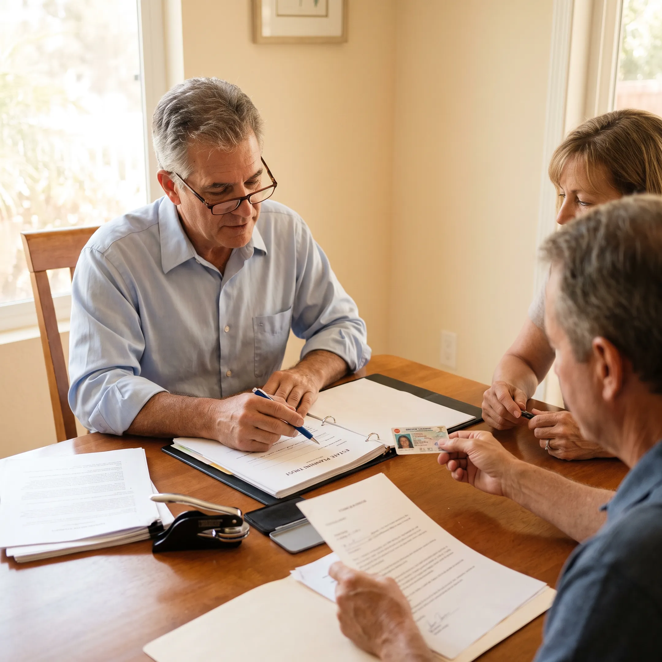 Mobile notary assisting clients with estate planning documents