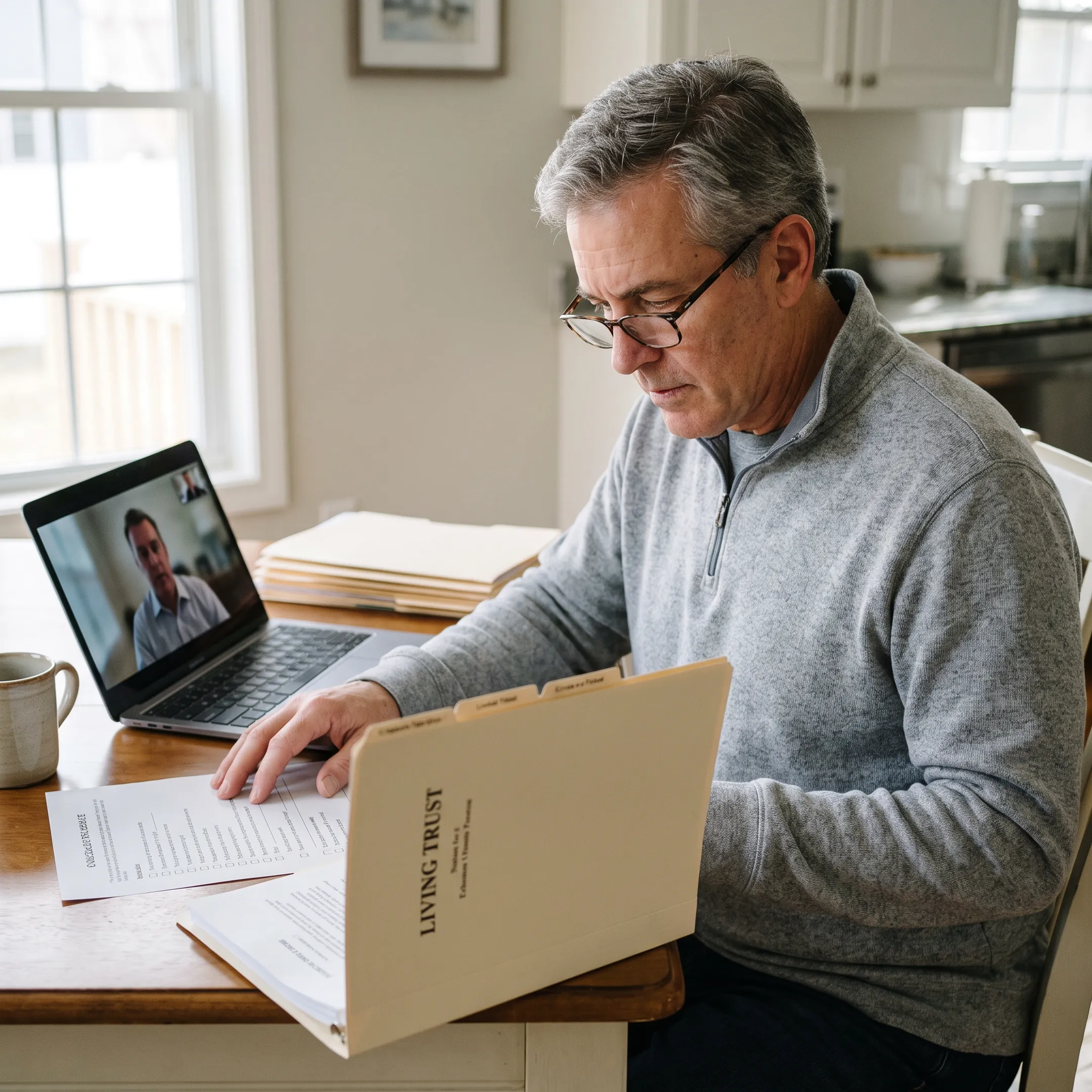 California homeowner reviewing a living trust preparation checklist online