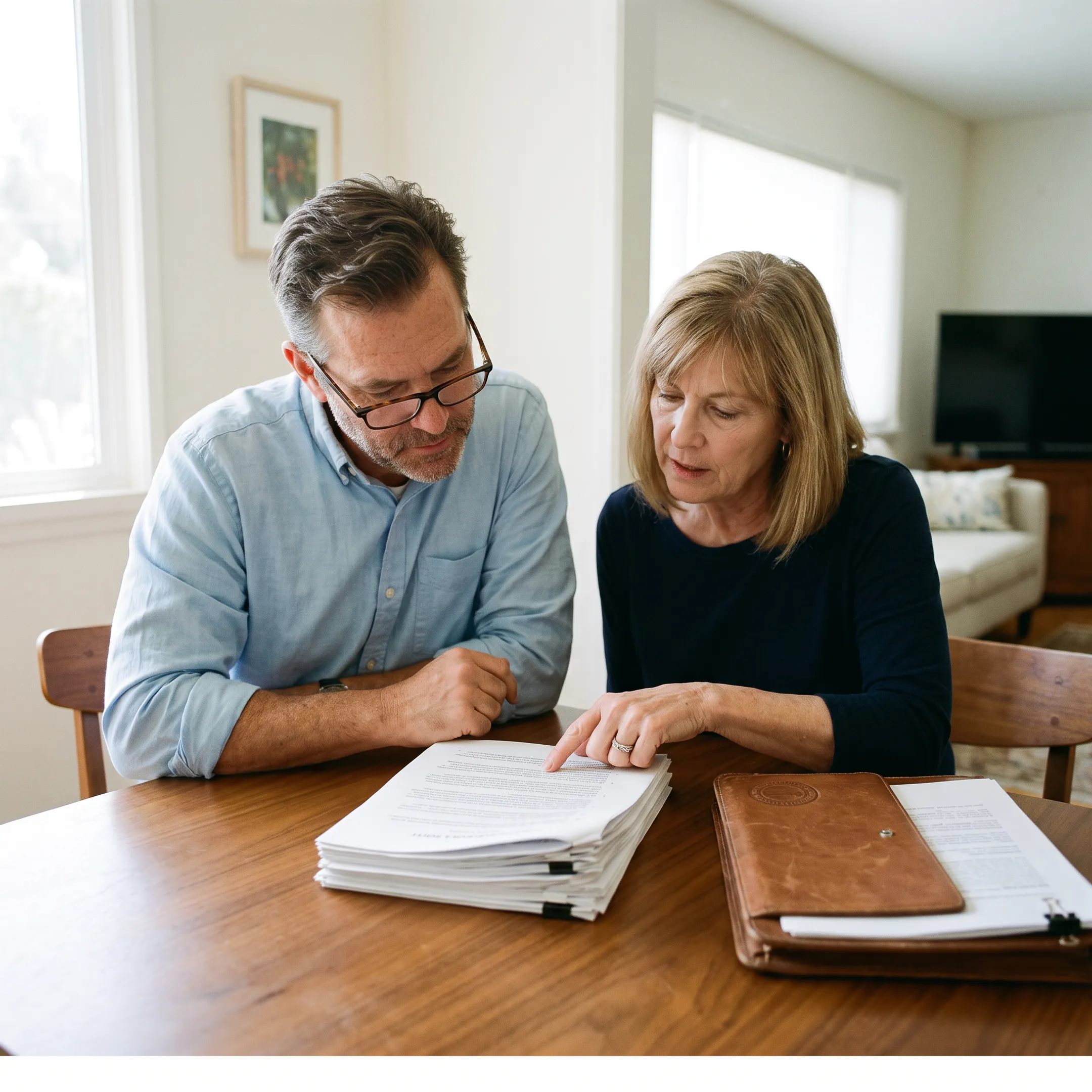 Mobile notary reviewing estate documents with a Costa Mesa client