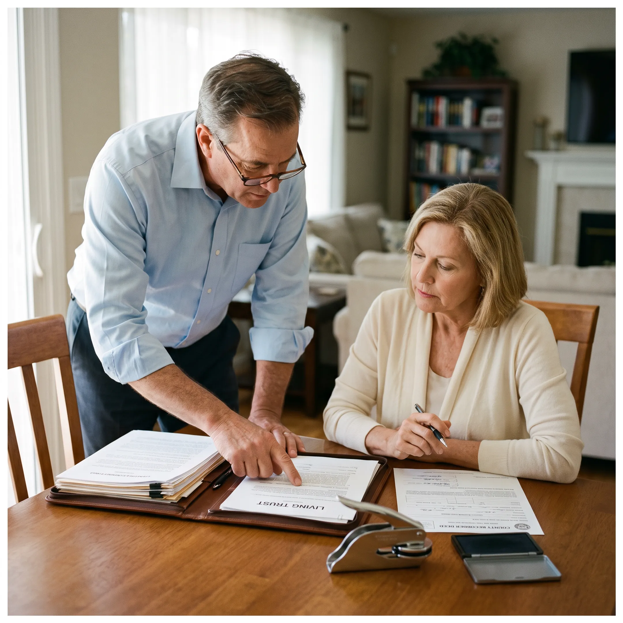 Notary assisting with trust documents at a client location