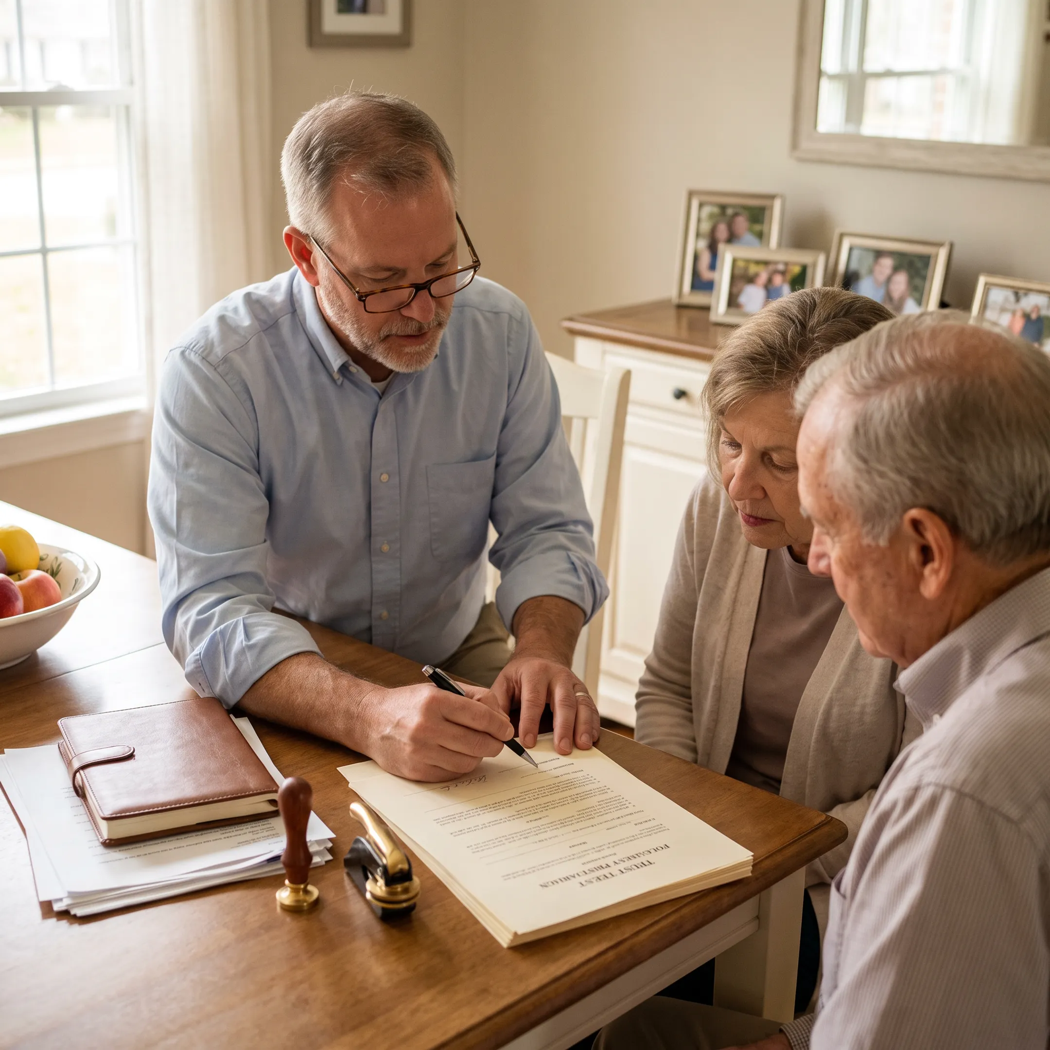 Mobile notary reviewing estate documents with a client at a home table