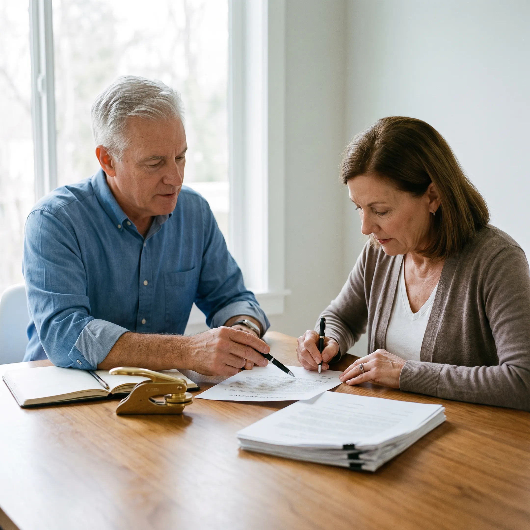 Notary assisting a client with signing trust documents at home