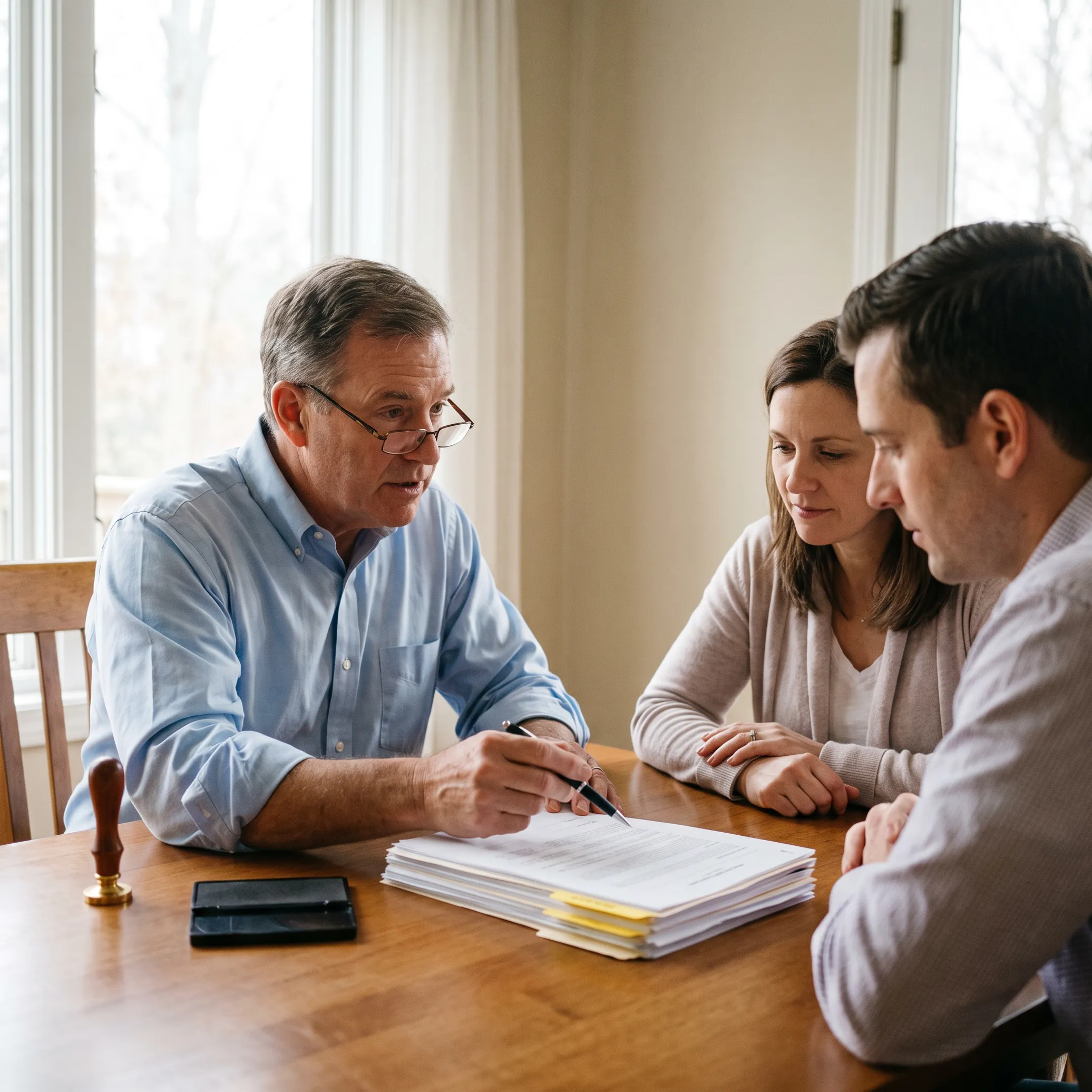 Mobile notary reviewing estate documents with a client