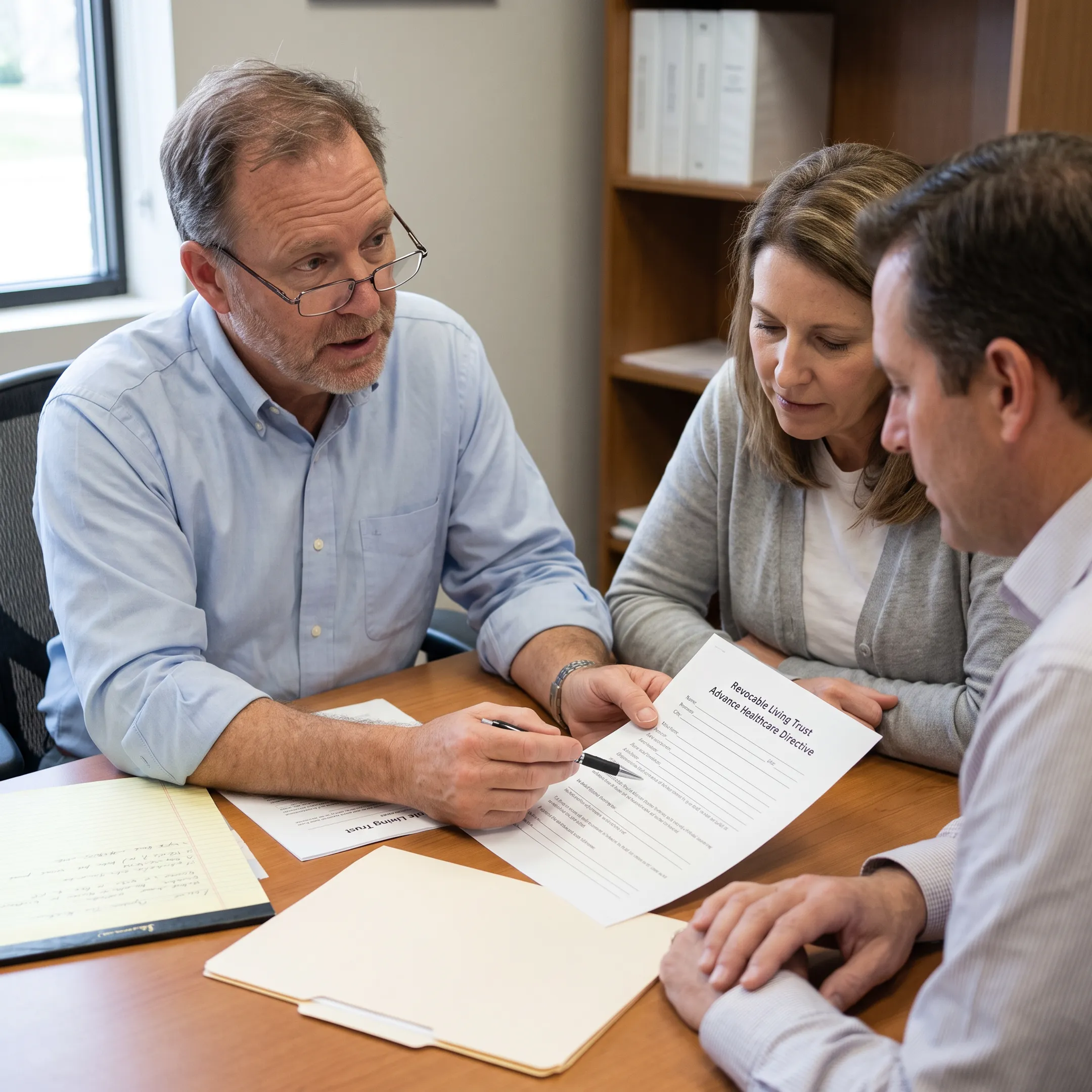 Client discussing health care planning documents with a document preparer