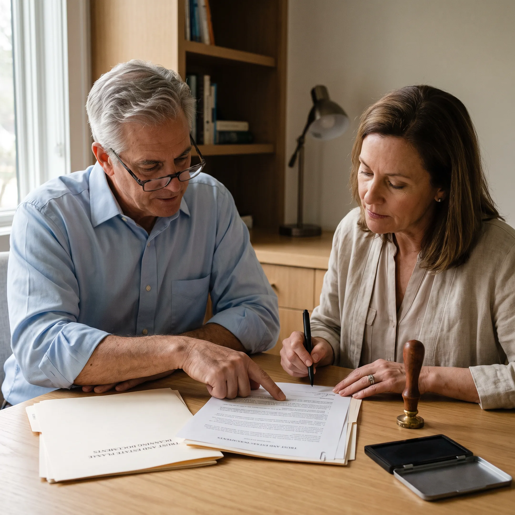Professional notary reviewing California estate planning documents with a client