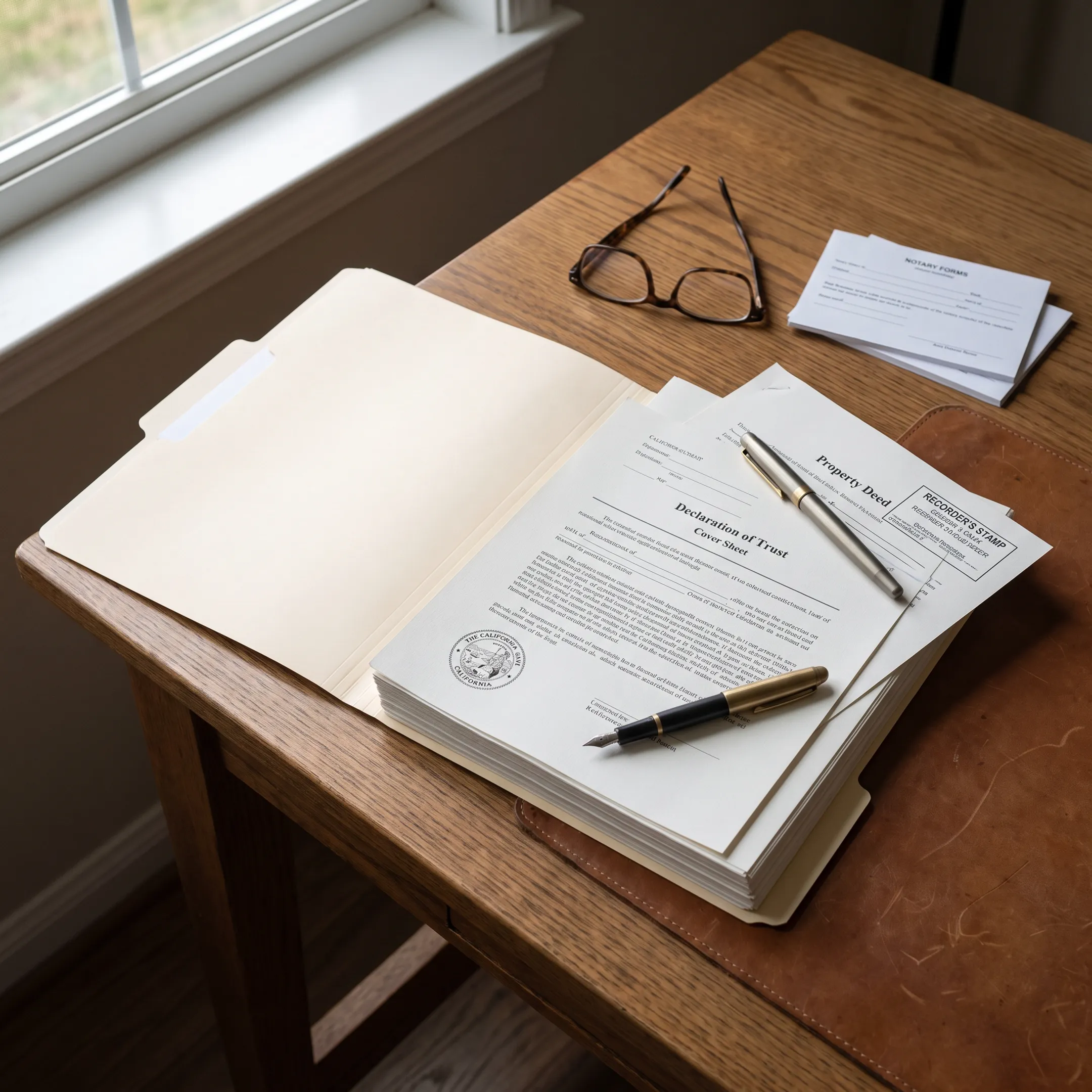 California trust documents and property deed on a desk