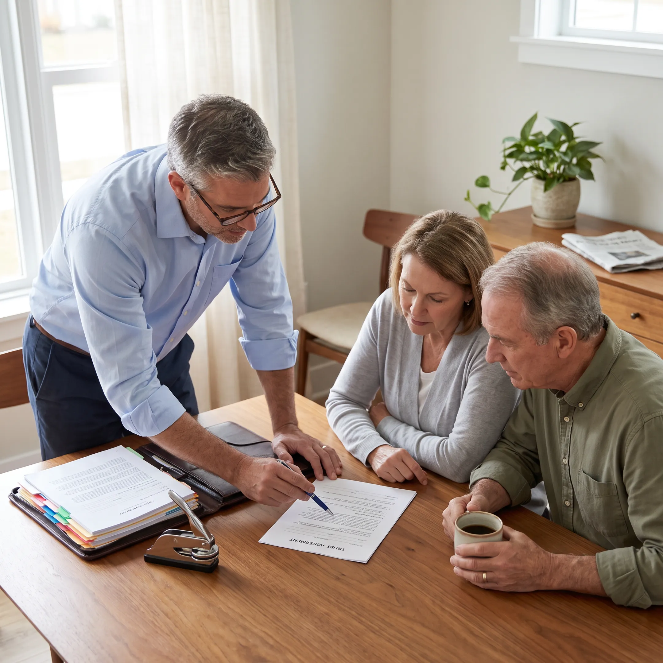 Mobile notary assisting a client with estate planning documents