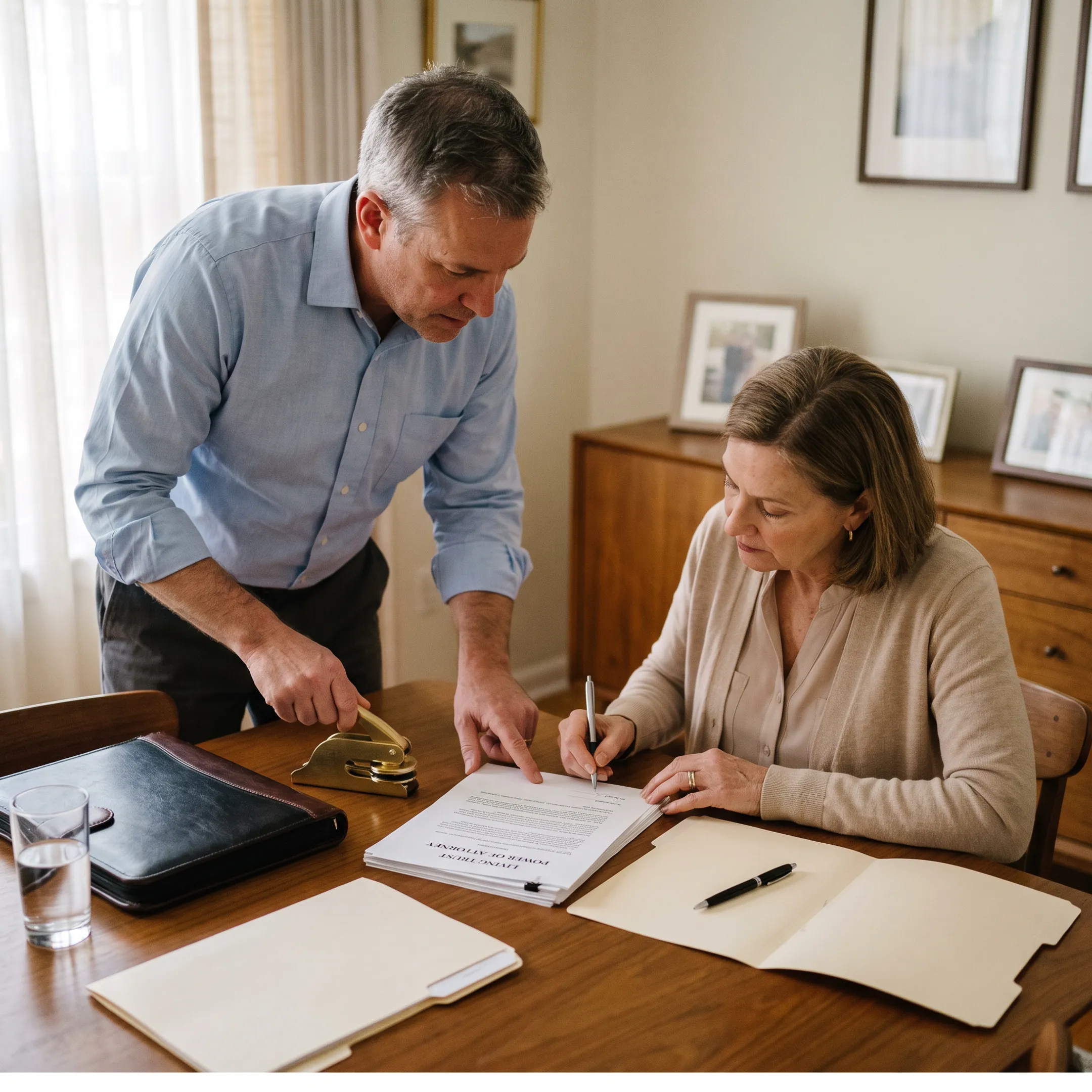 Notary witnessing a client signing trust documents