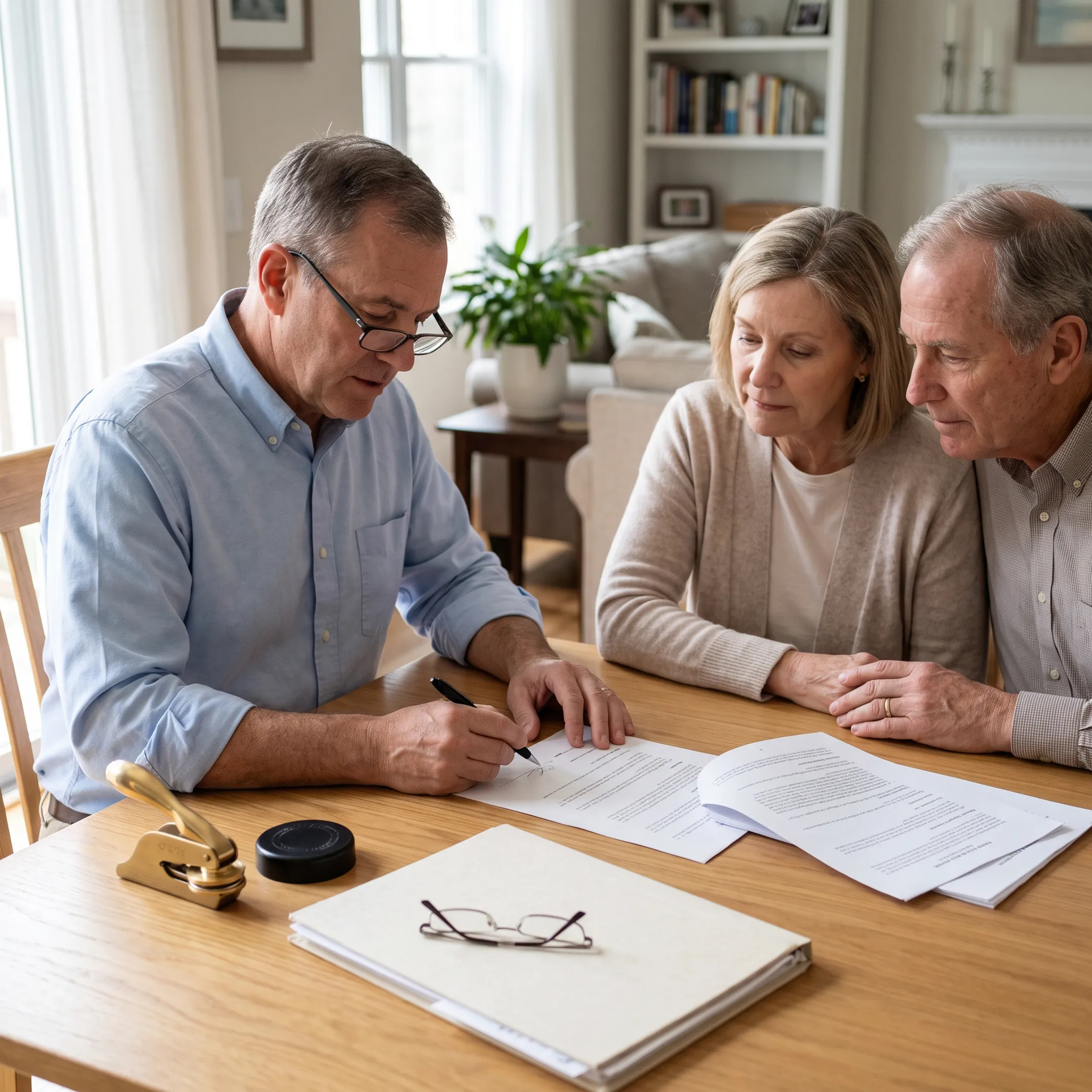 Mobile notary reviewing legal documents with a client