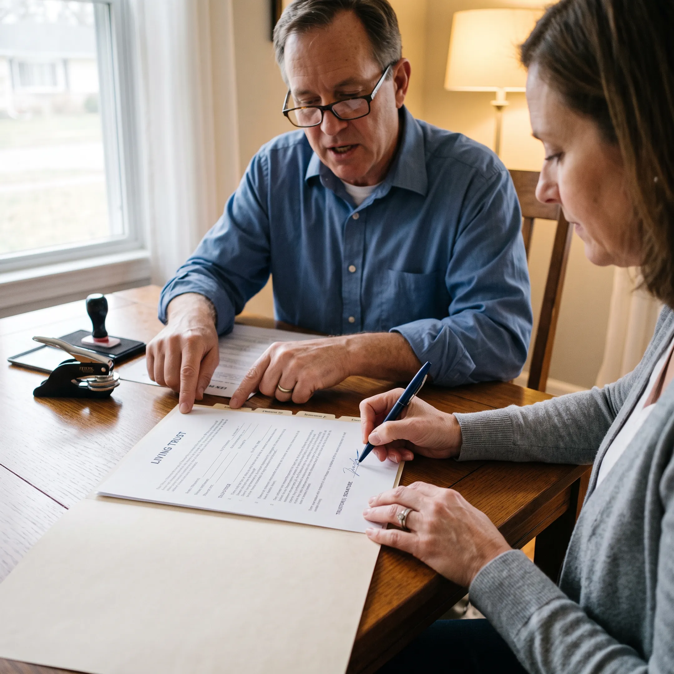 Notary assisting with estate planning document signing