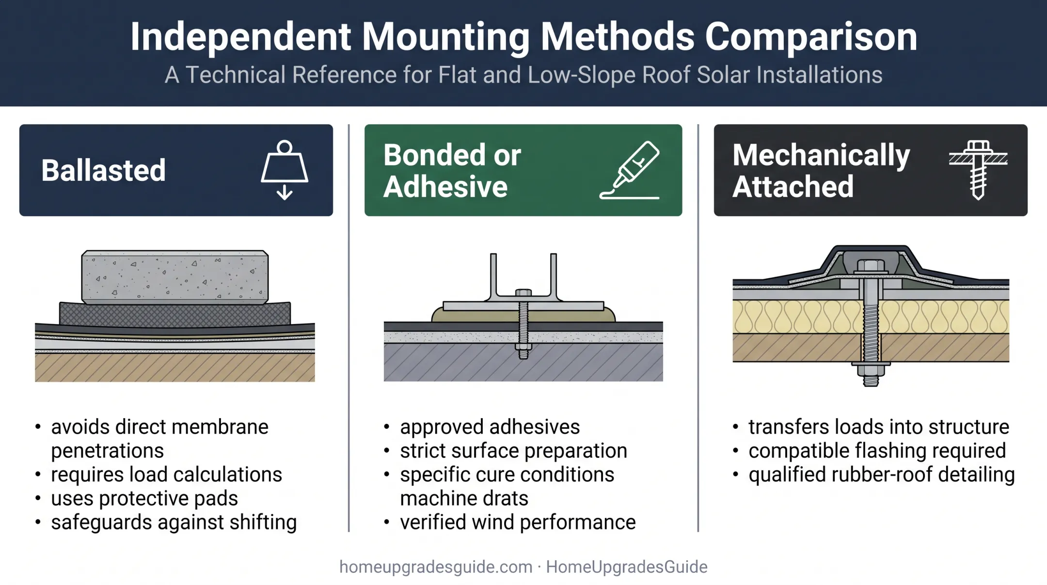 Three rubber membrane roof solar mounting methods comparison
