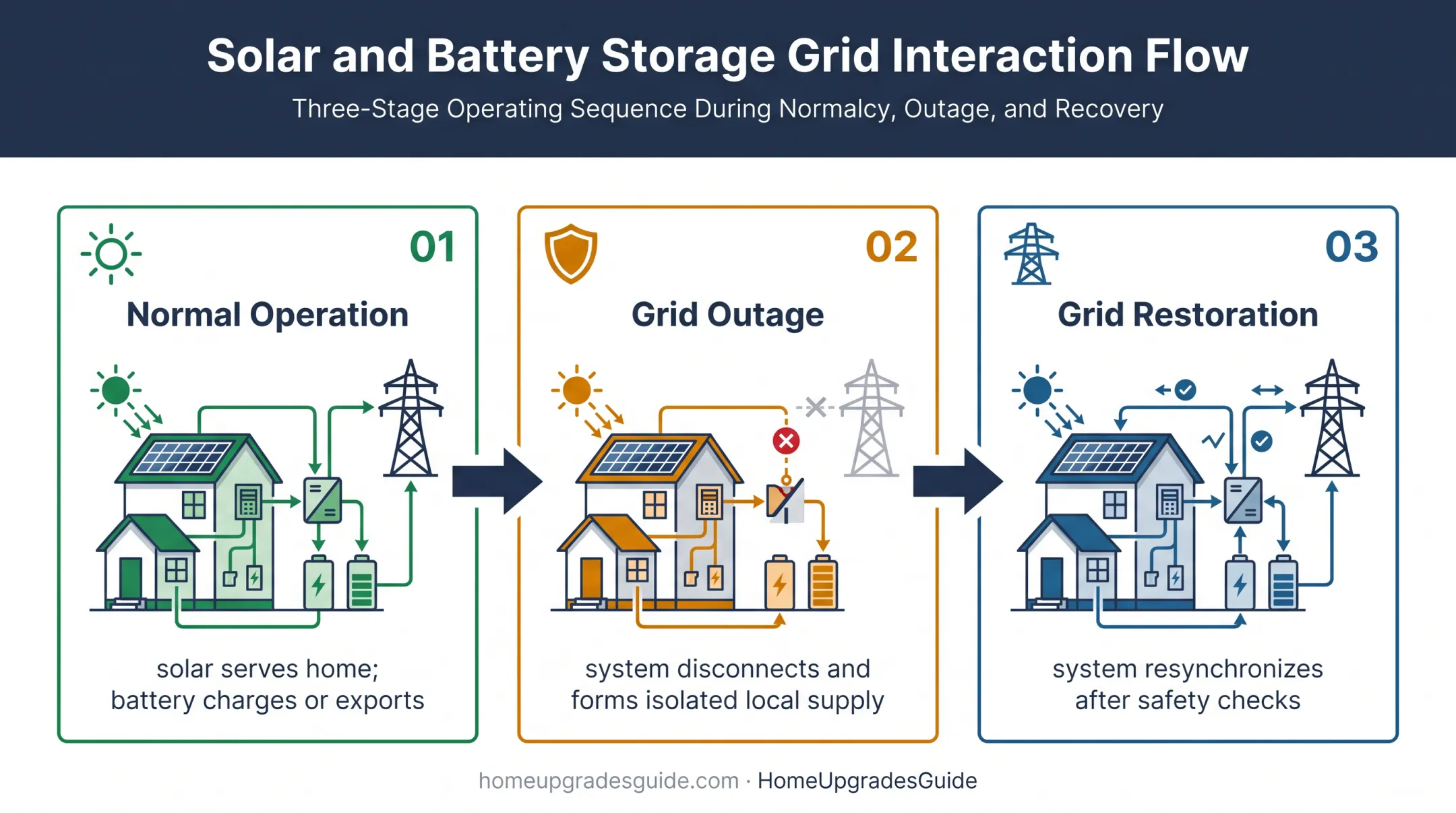 Three operating states of battery-backed grid-tied solar system