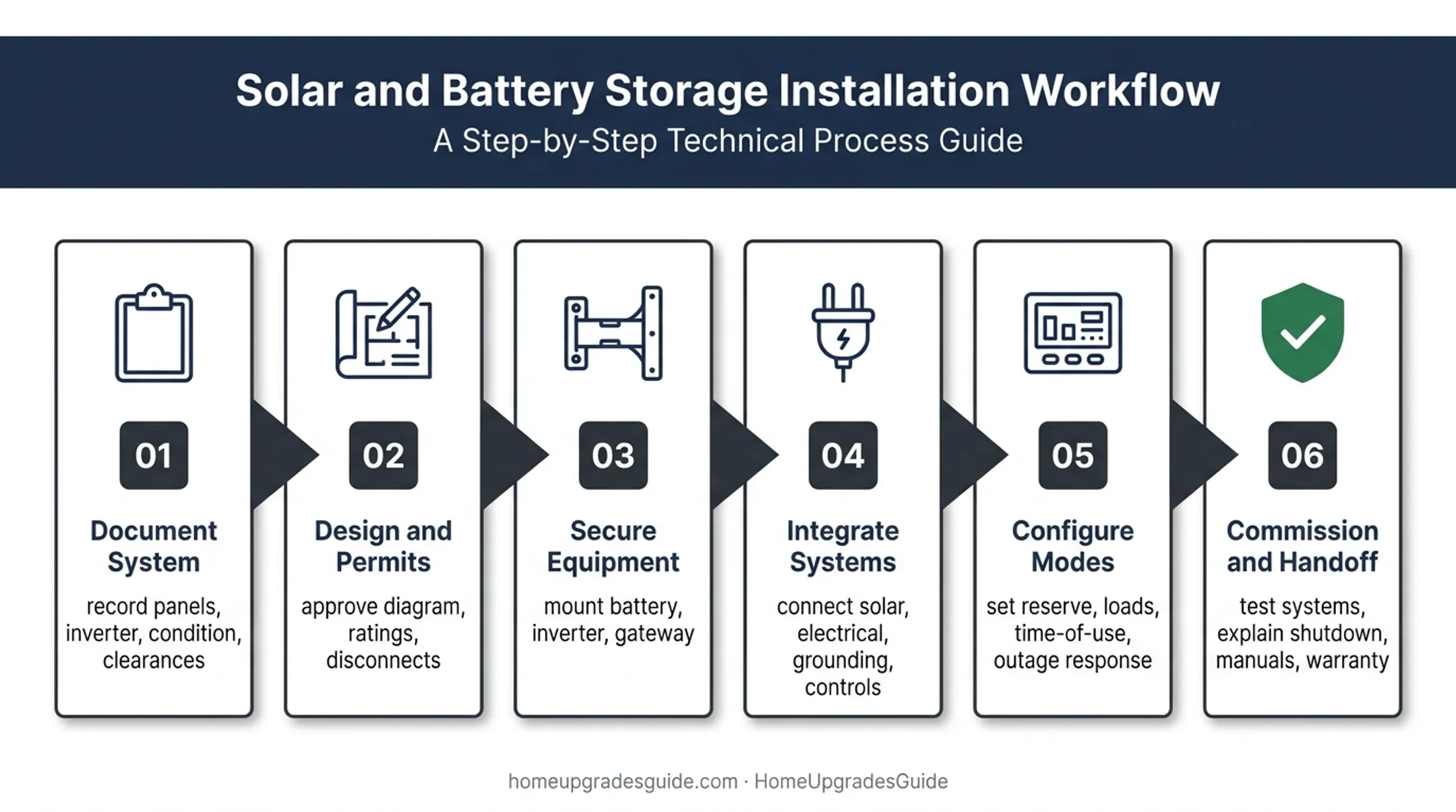 Six-step home solar battery installation process flow