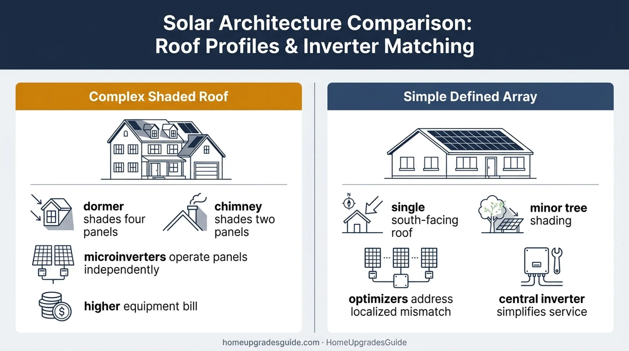 Two homeowner solar roof scenarios comparing microinverters and power optimizers