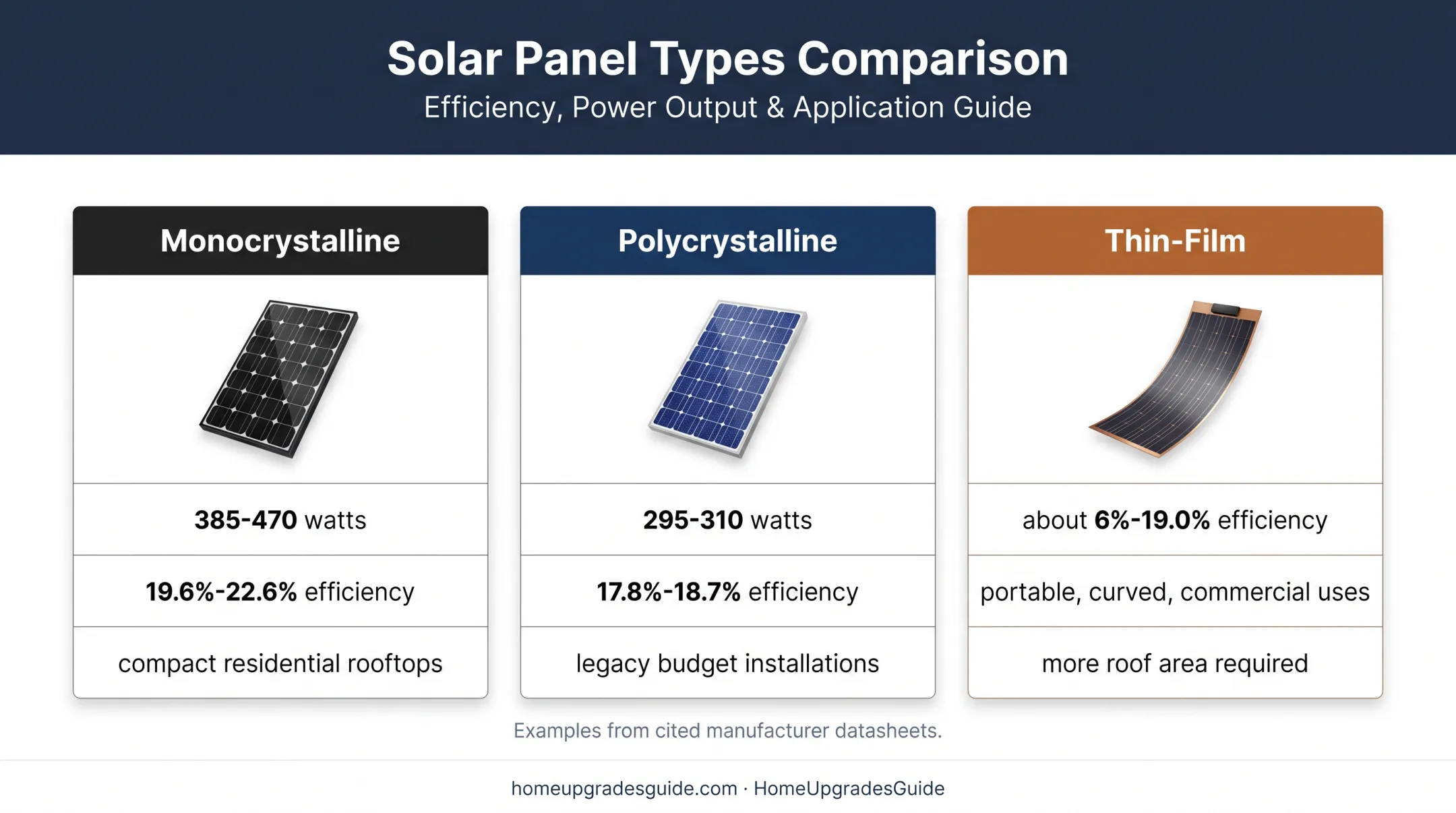 Three solar panel types compared by efficiency output and applications