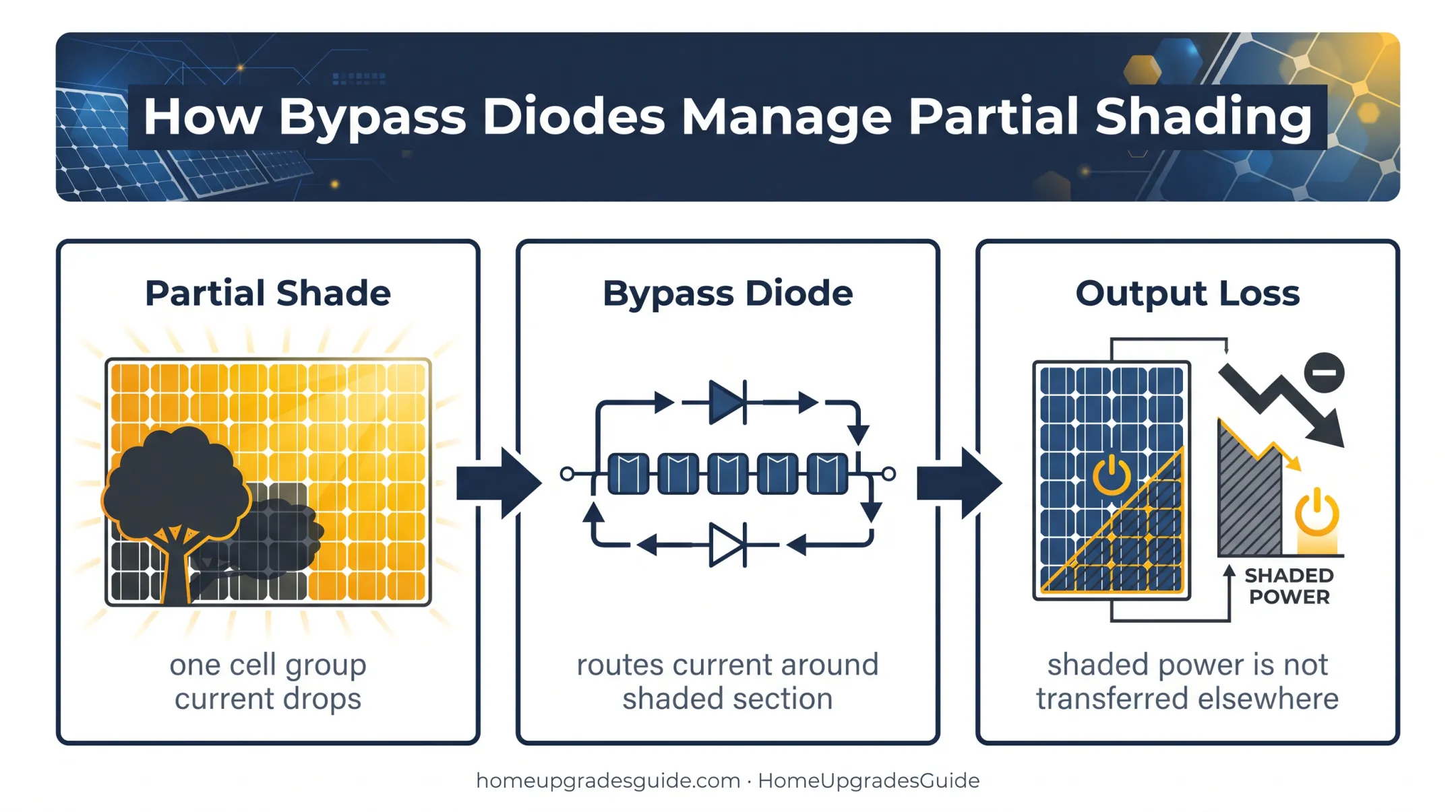 How bypass diodes reduce partial shade losses in solar panels