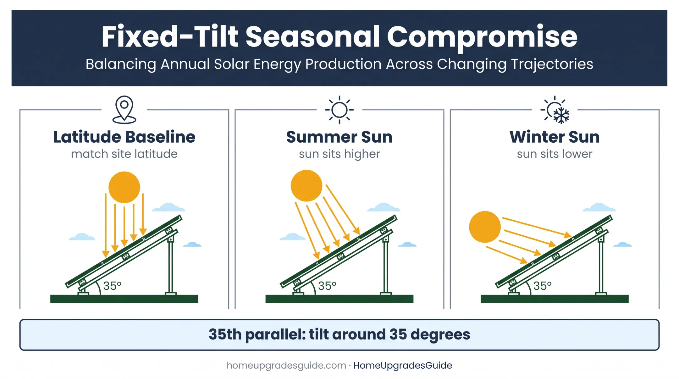 Solar panel tilt and seasonal sun position comparison diagram