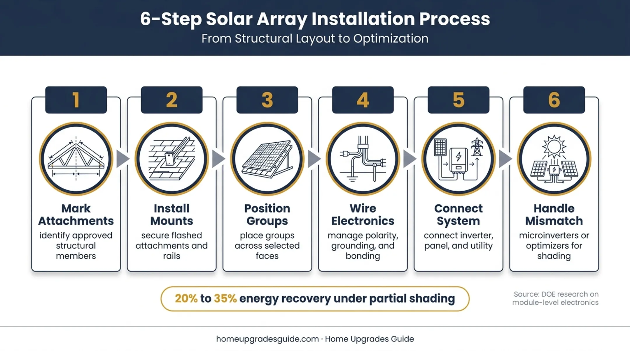 Six-step hip roof solar panel installation process flow