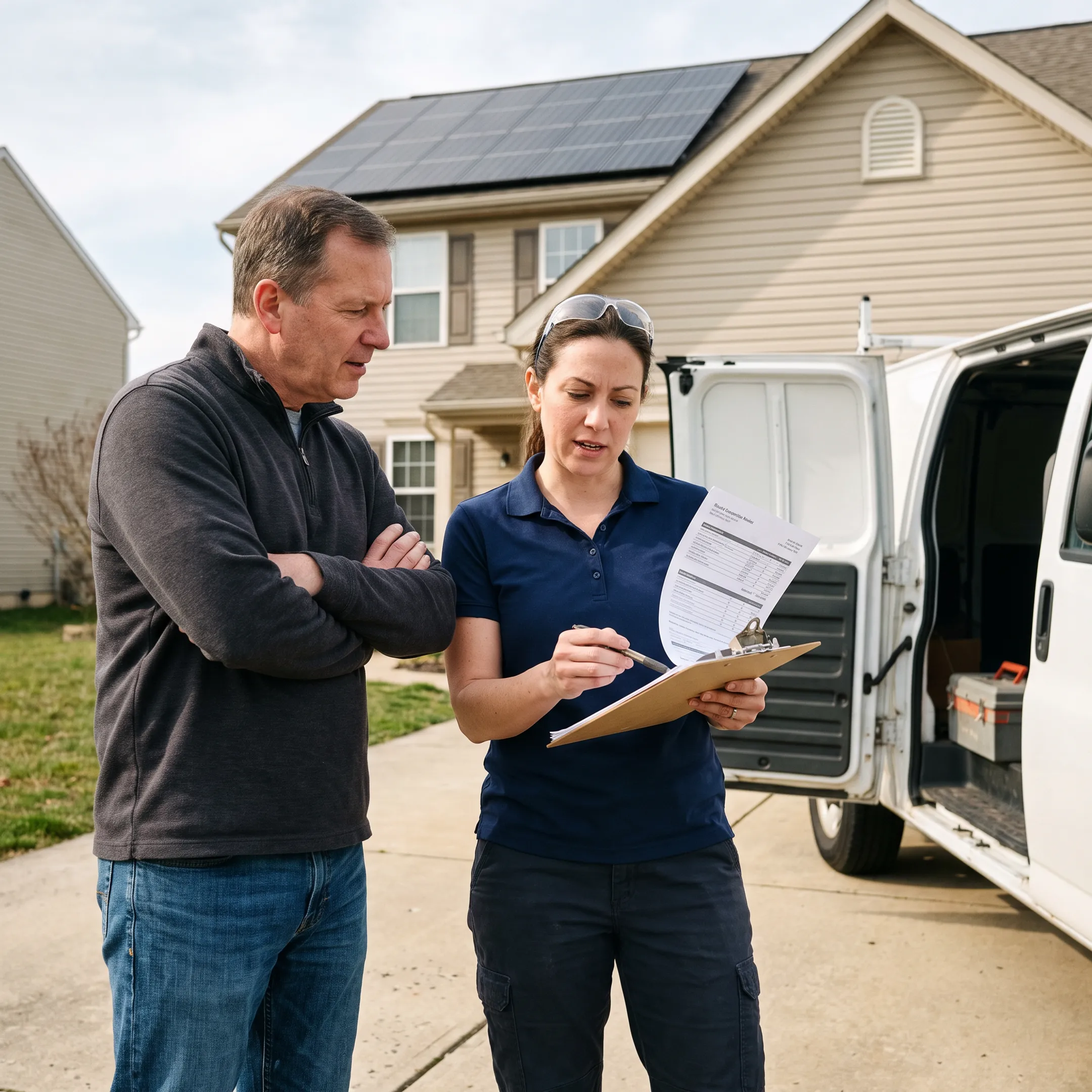 Homeowner reviewing solar installation quotes with a contractor at a New Jersey home