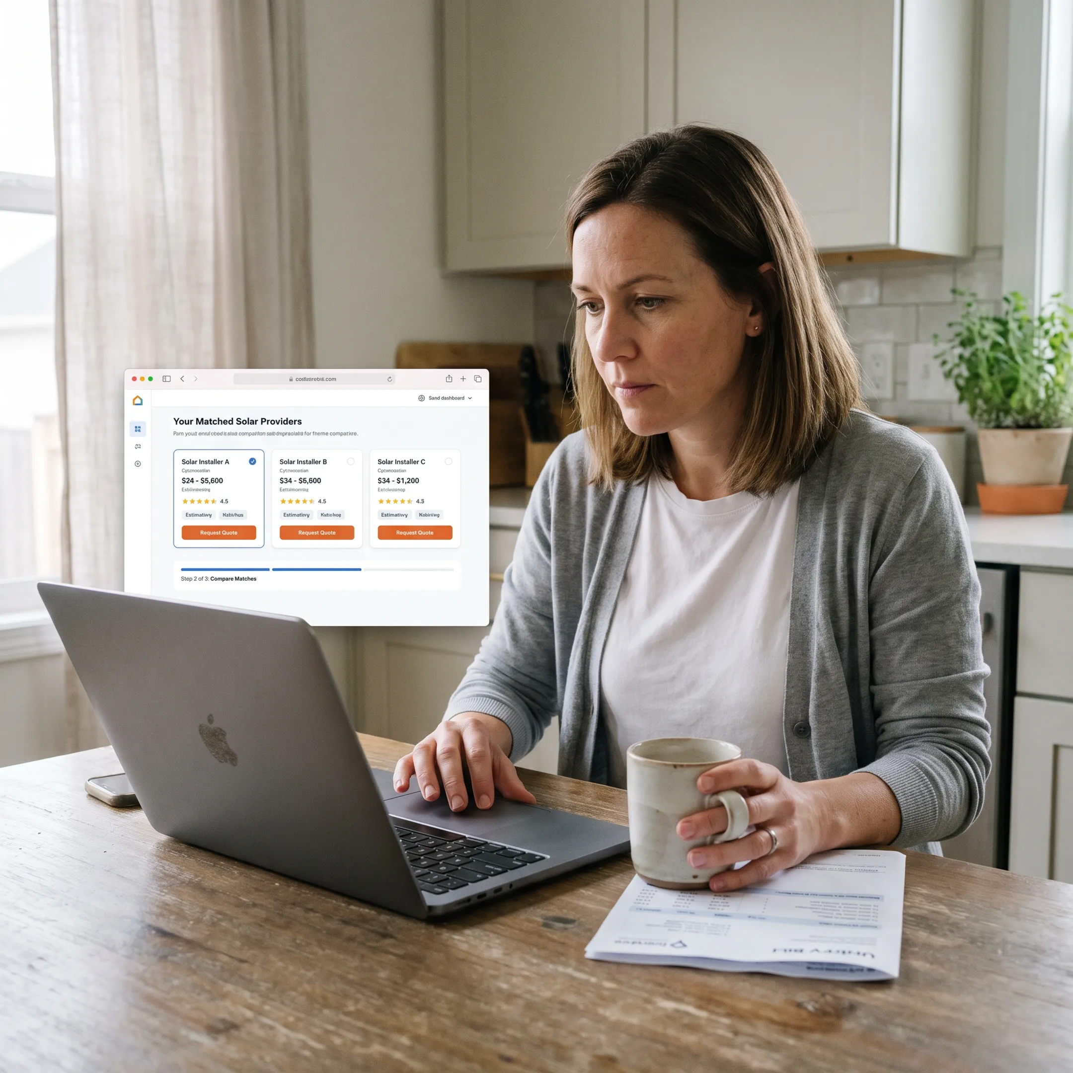Homeowner comparing solar contractor options on a laptop