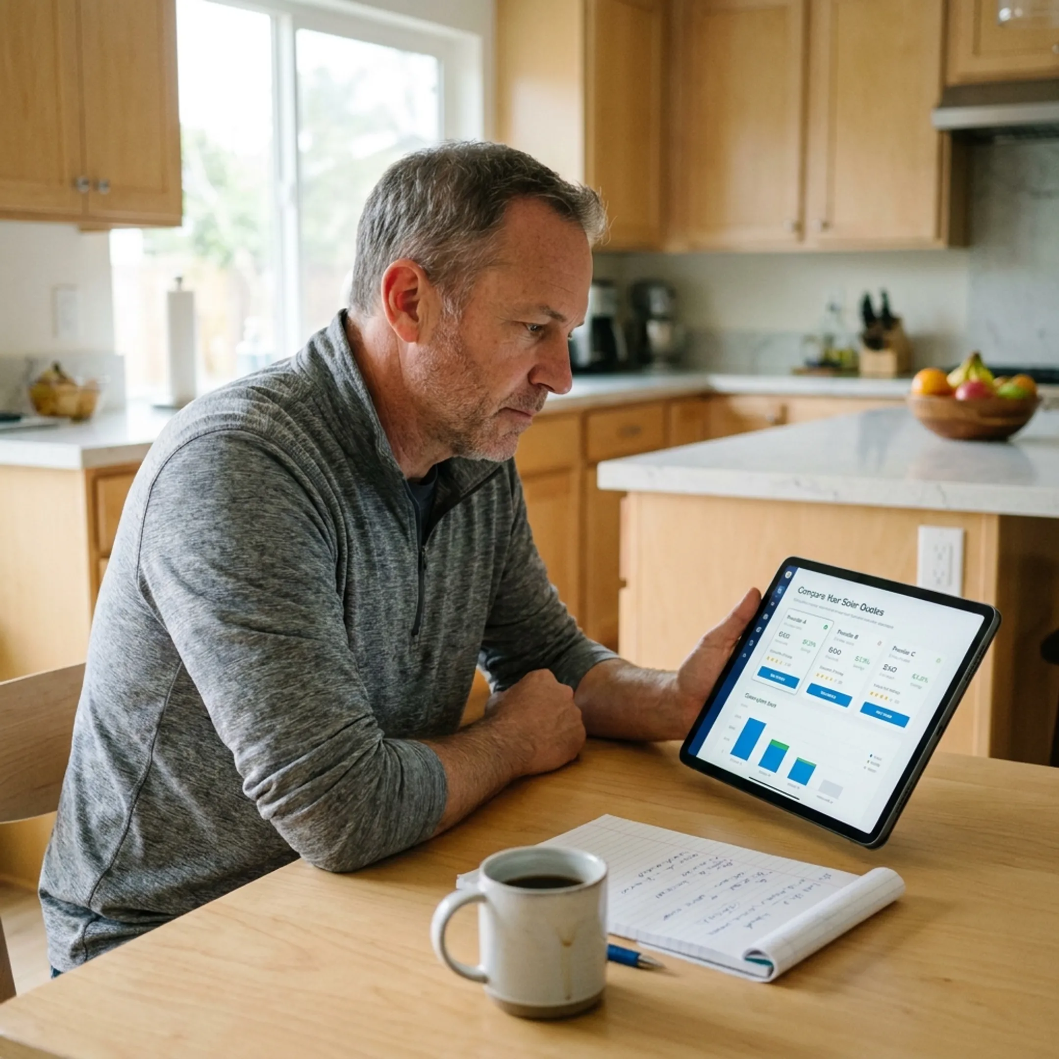 Homeowner comparing solar contractor quotes in Carlsbad