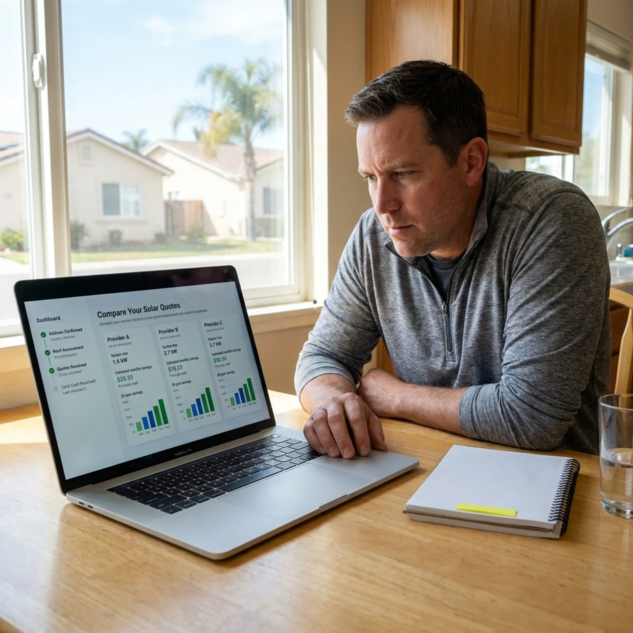 Carlsbad homeowner reviewing solar contractor quote options at home