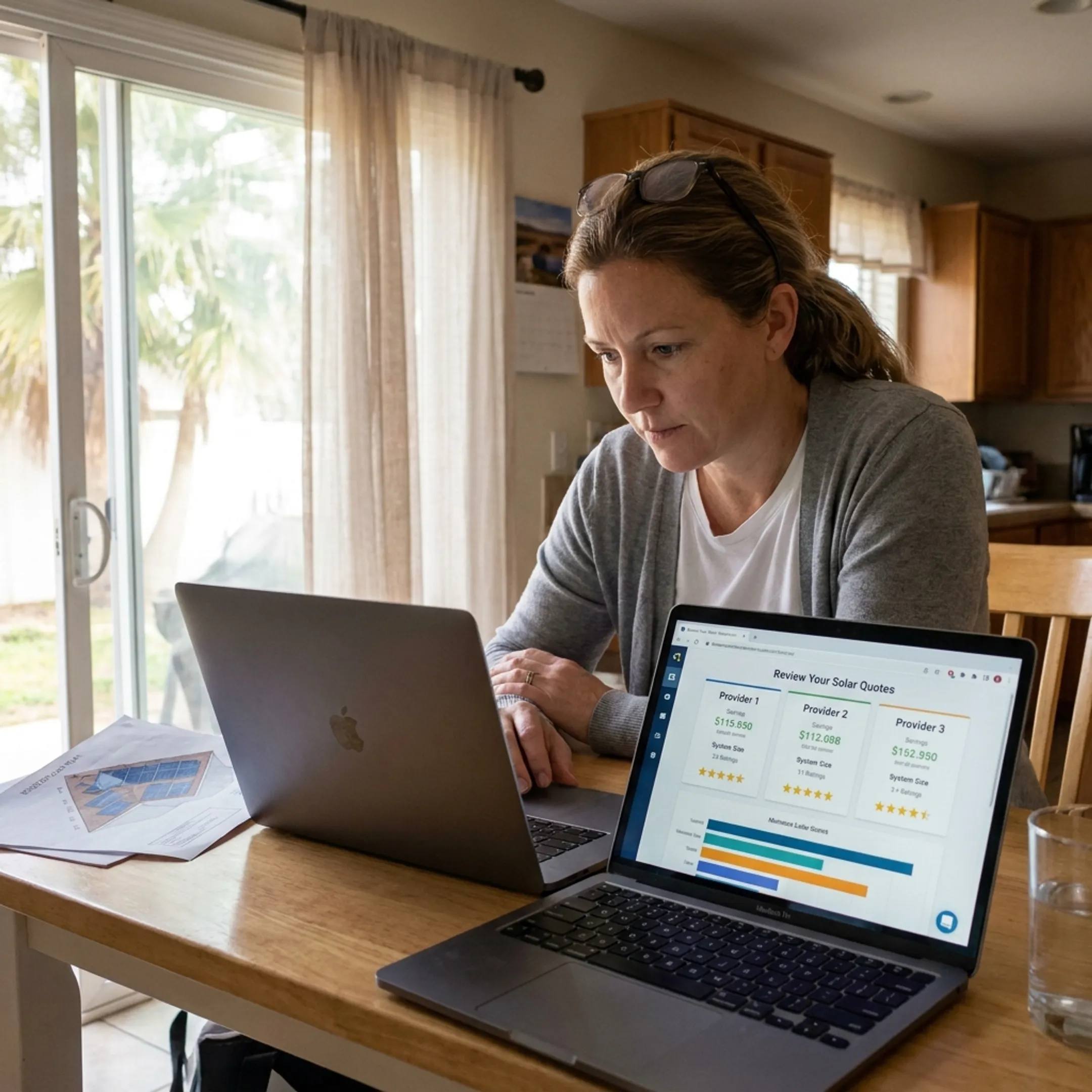 Homeowner comparing solar contractor quote options online