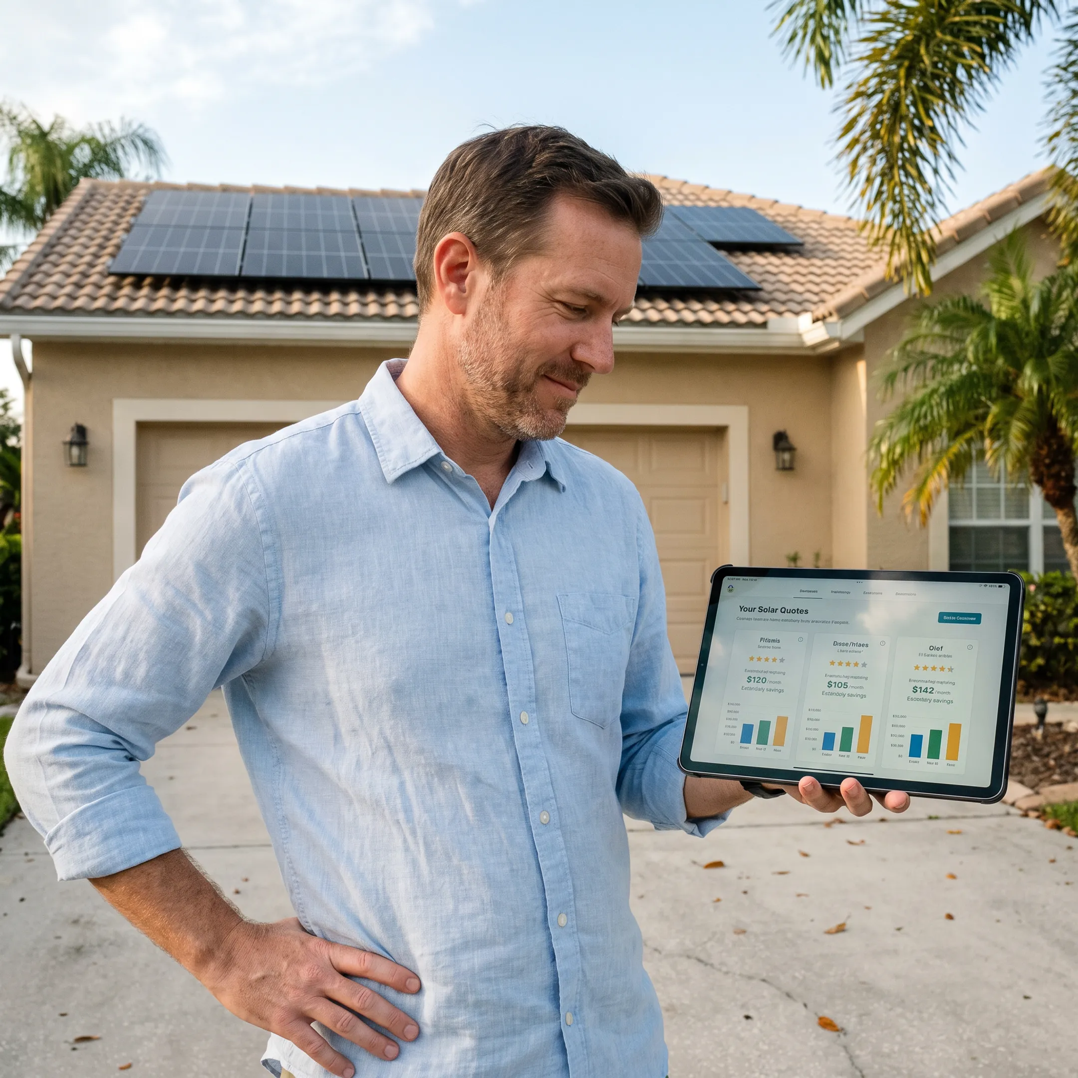 Home with rooftop solar panels under a sunny Pensacola sky