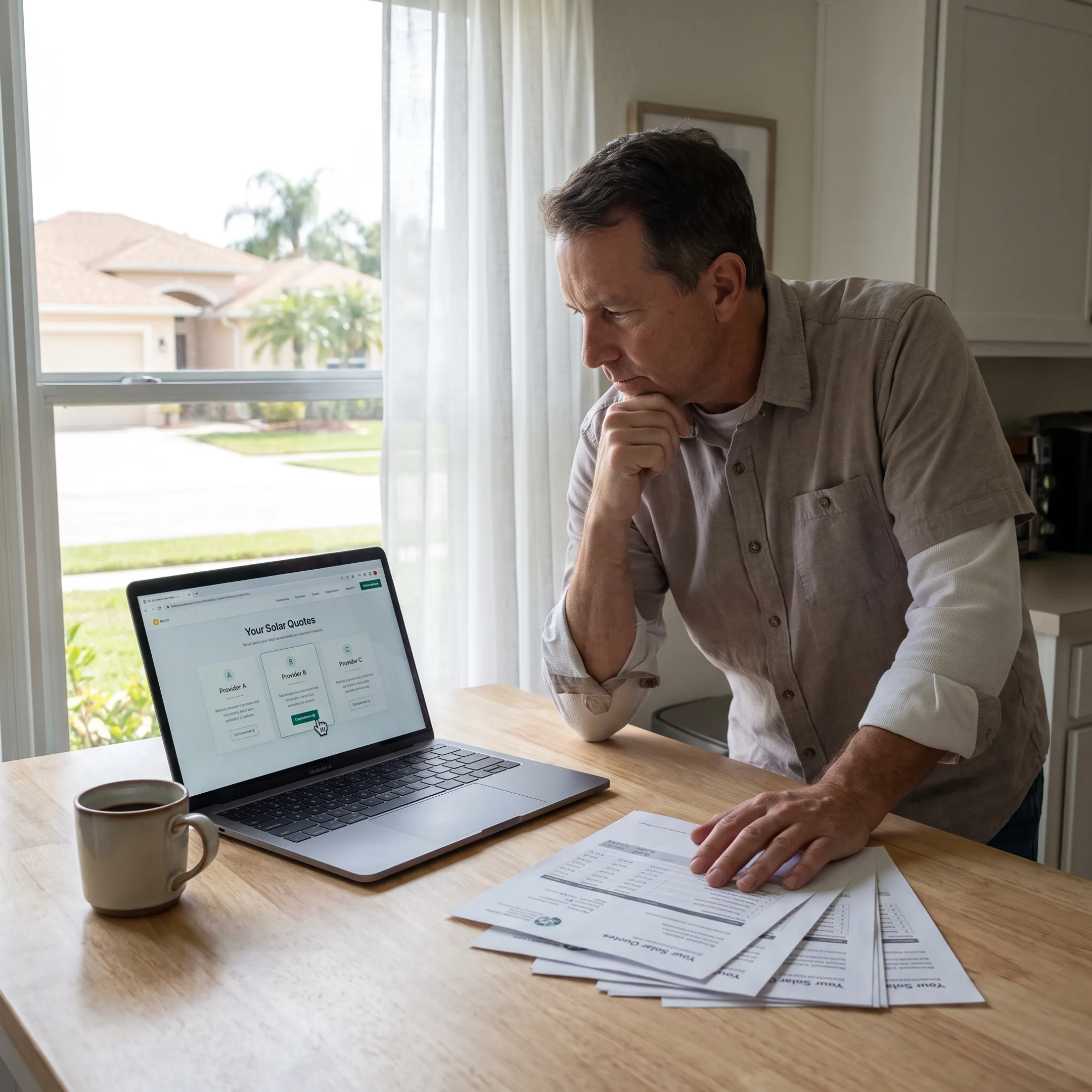 Cape Coral homeowner comparing solar contractor quotes at home