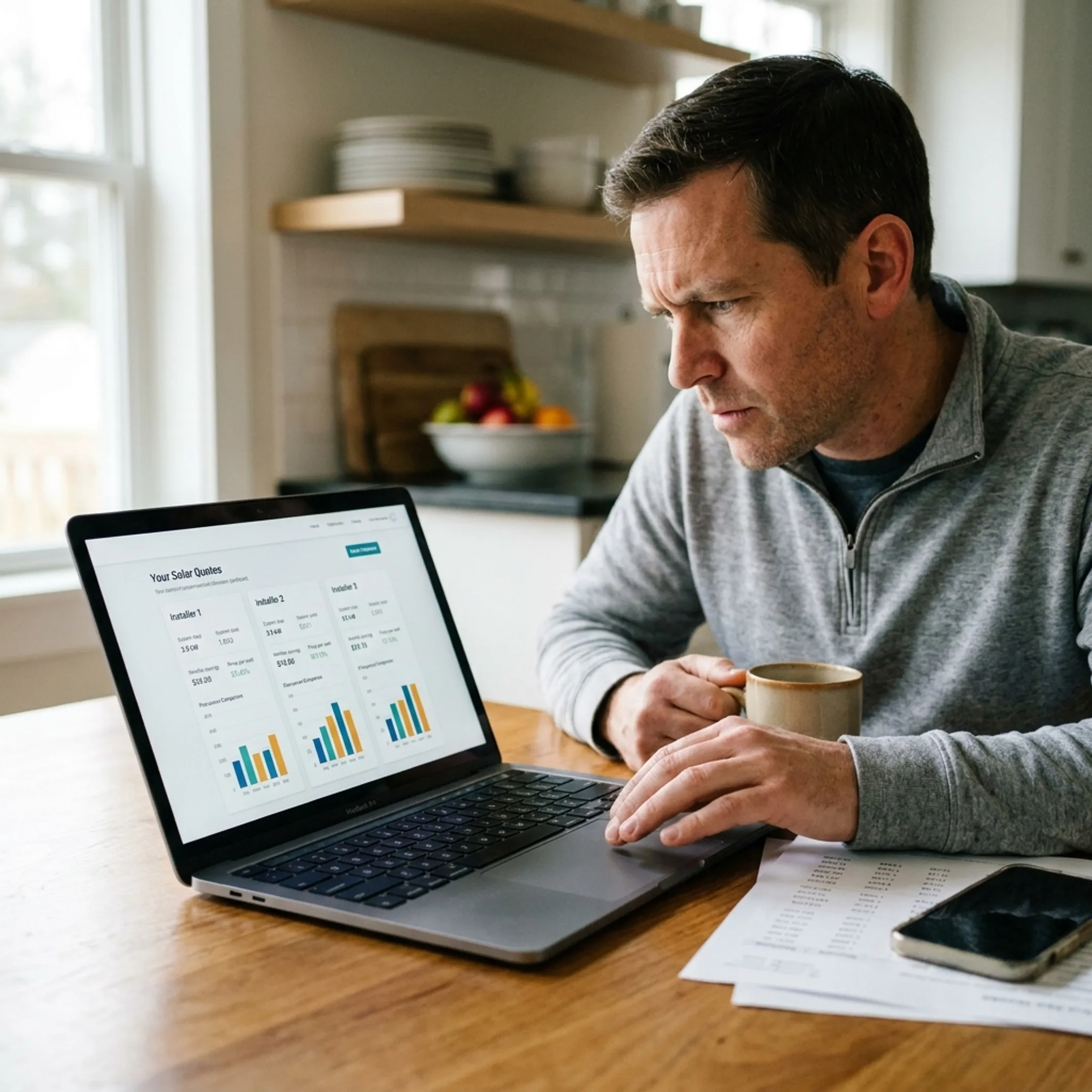 Homeowner reviewing local solar installer quotes at home