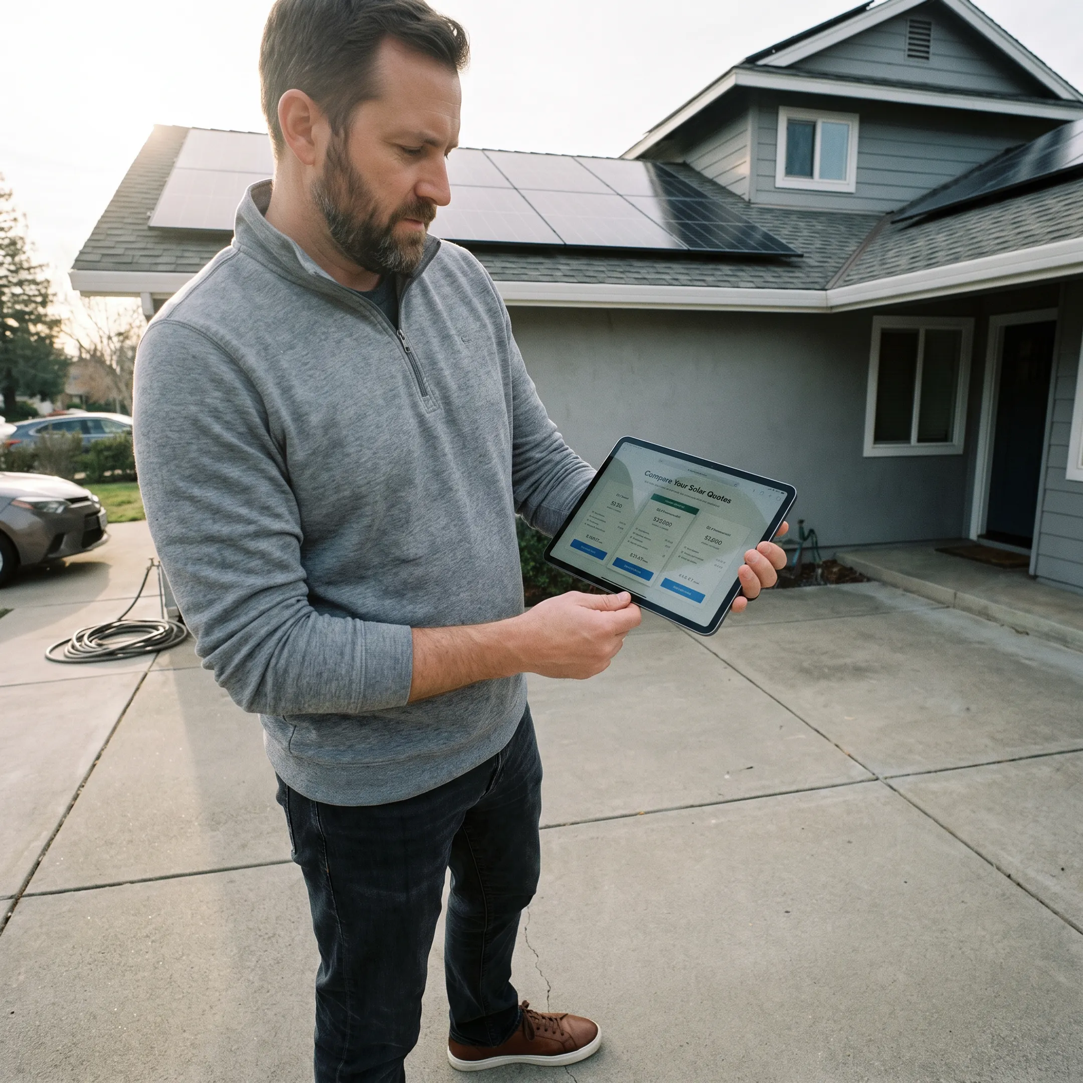 Homeowner reviewing solar roof quote options on a tablet beside a house