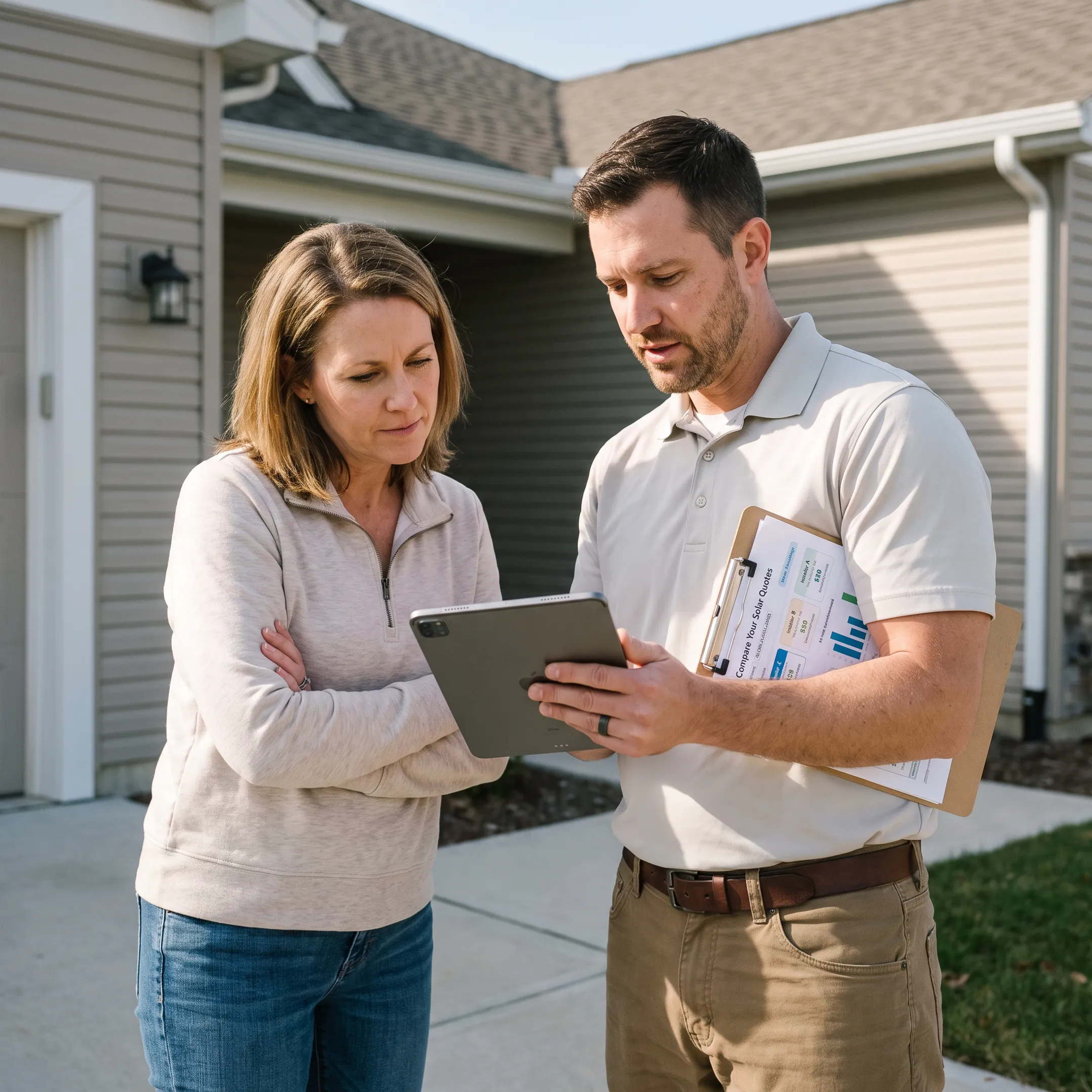 Homeowner reviewing solar roof estimates with contractor at a residence