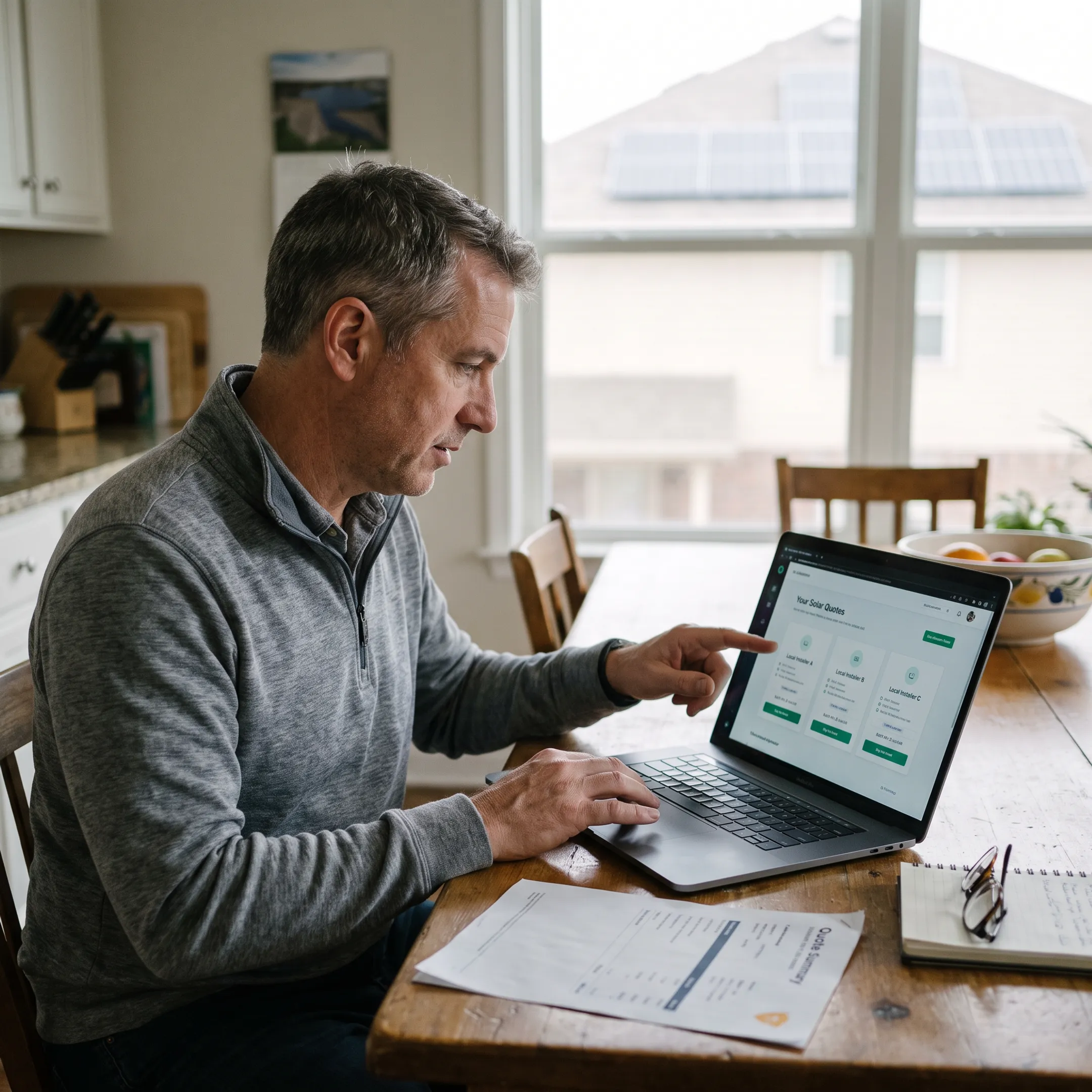 Homeowner reviewing solar installation quotes on a laptop