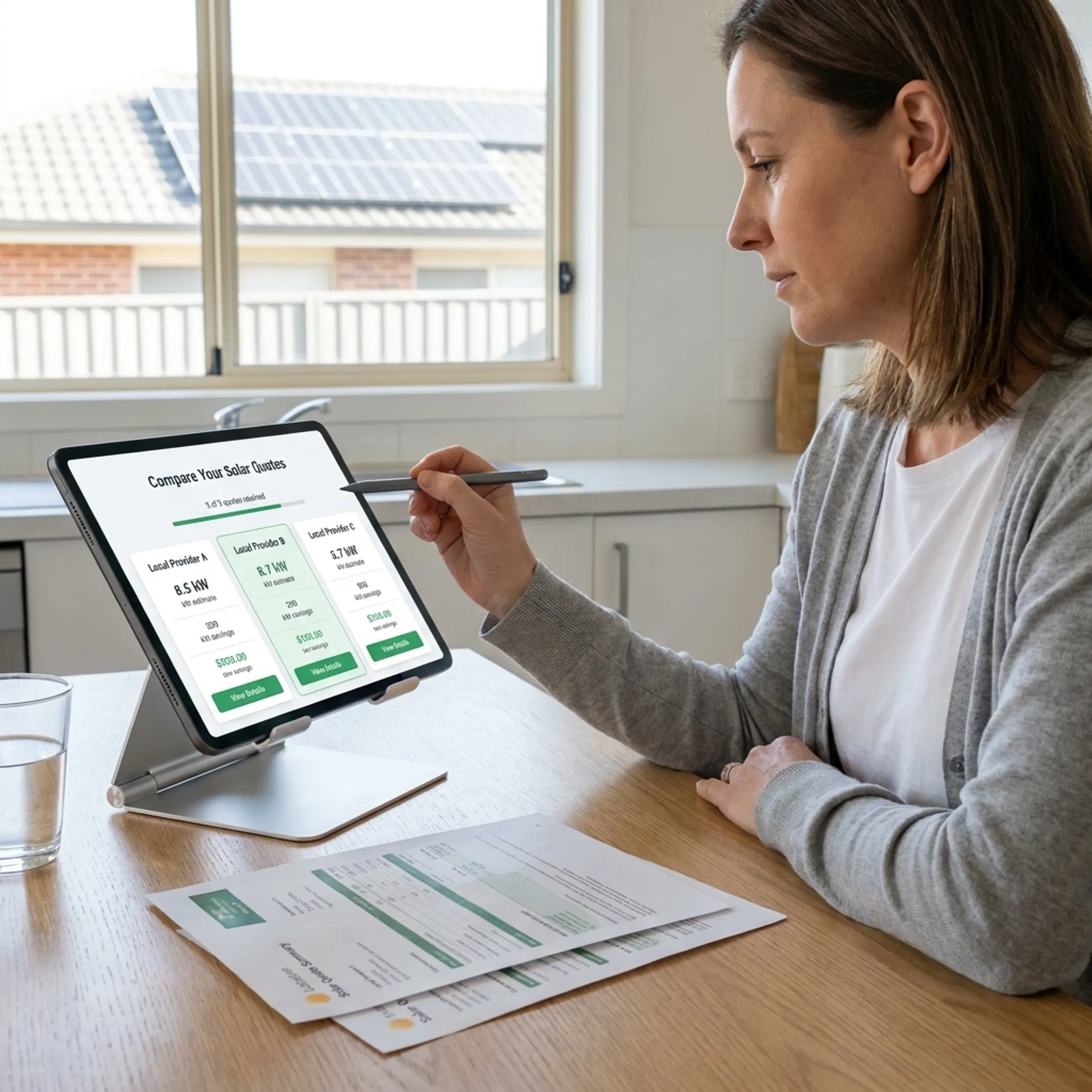 Homeowner reviewing solar installation quotes with a contractor on a tablet